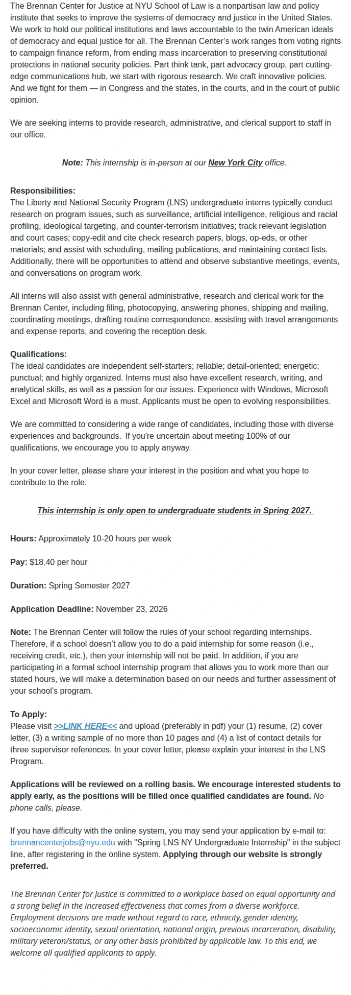 Brennan Center for Justice Spring 2027 Liberty and National Security Undergraduate Internship 채용공고