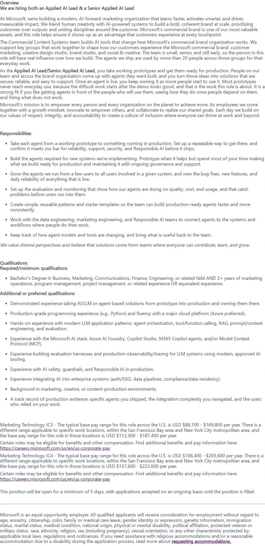 마이크로소프트(Microsoft) Applied AI Lead/Senior Applied AI Lead 채용공고