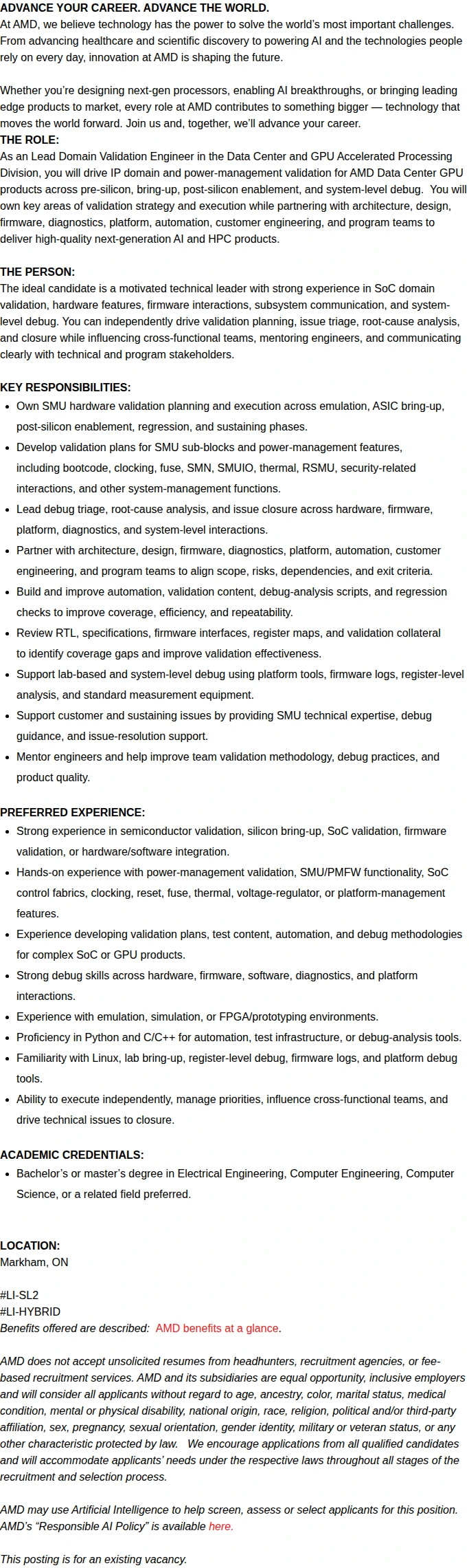 AMD Lead Validation Engineer - Data Center GPU 채용공고