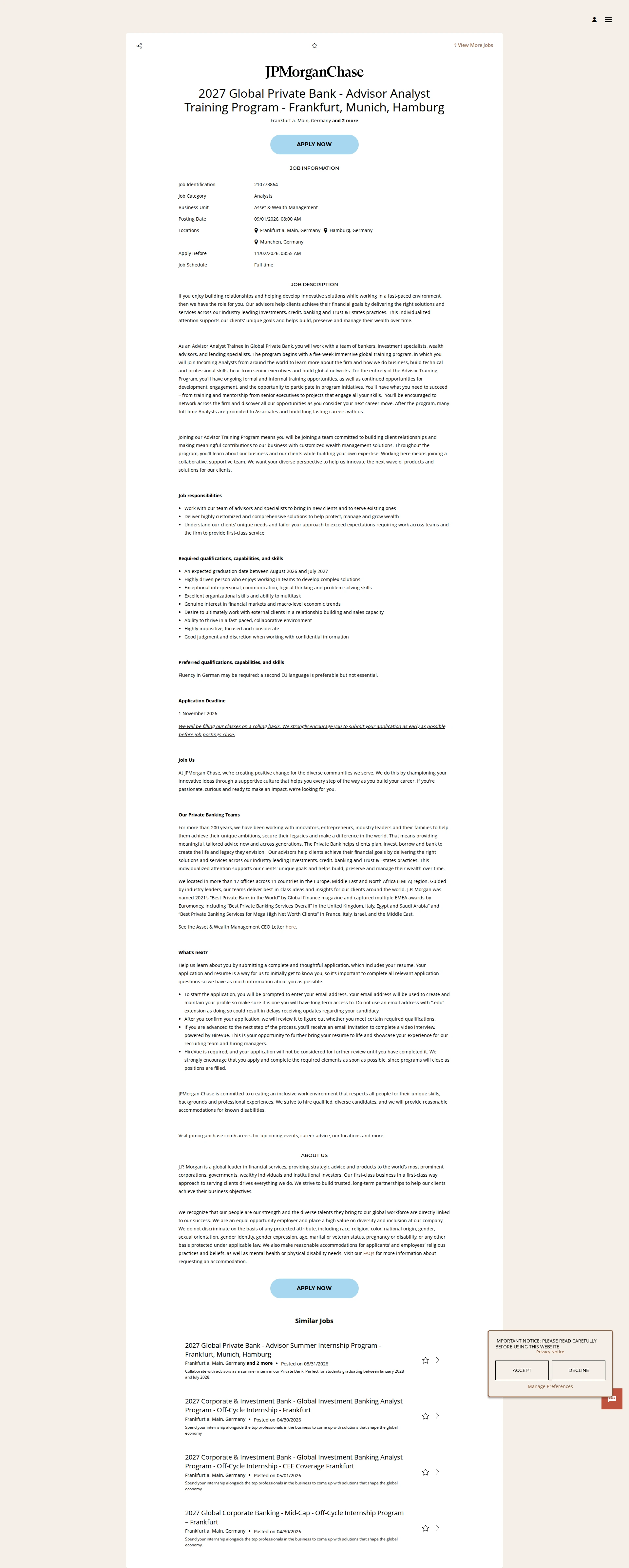 JPMorganChase 2027 Global Private Bank - Advisor Analyst Training Program - Frankfurt, Munich, Hamburg 채용공고