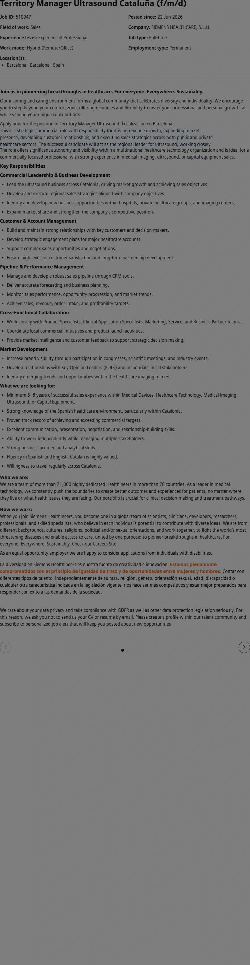 SiemensHealthineers Territory Manager Ultrasound Cataluña (f/m/d) 채용공고