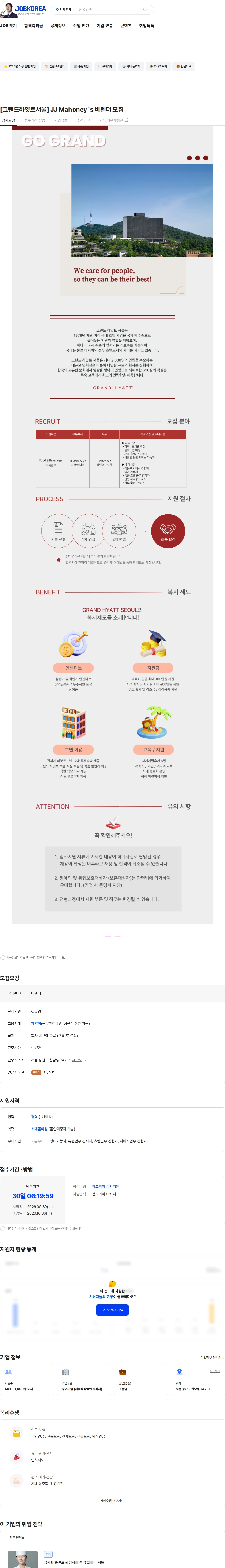 그랜드하얏트서울 [그랜드하얏트서울] JJ Mahoney`s 바텐더 모집 채용공고