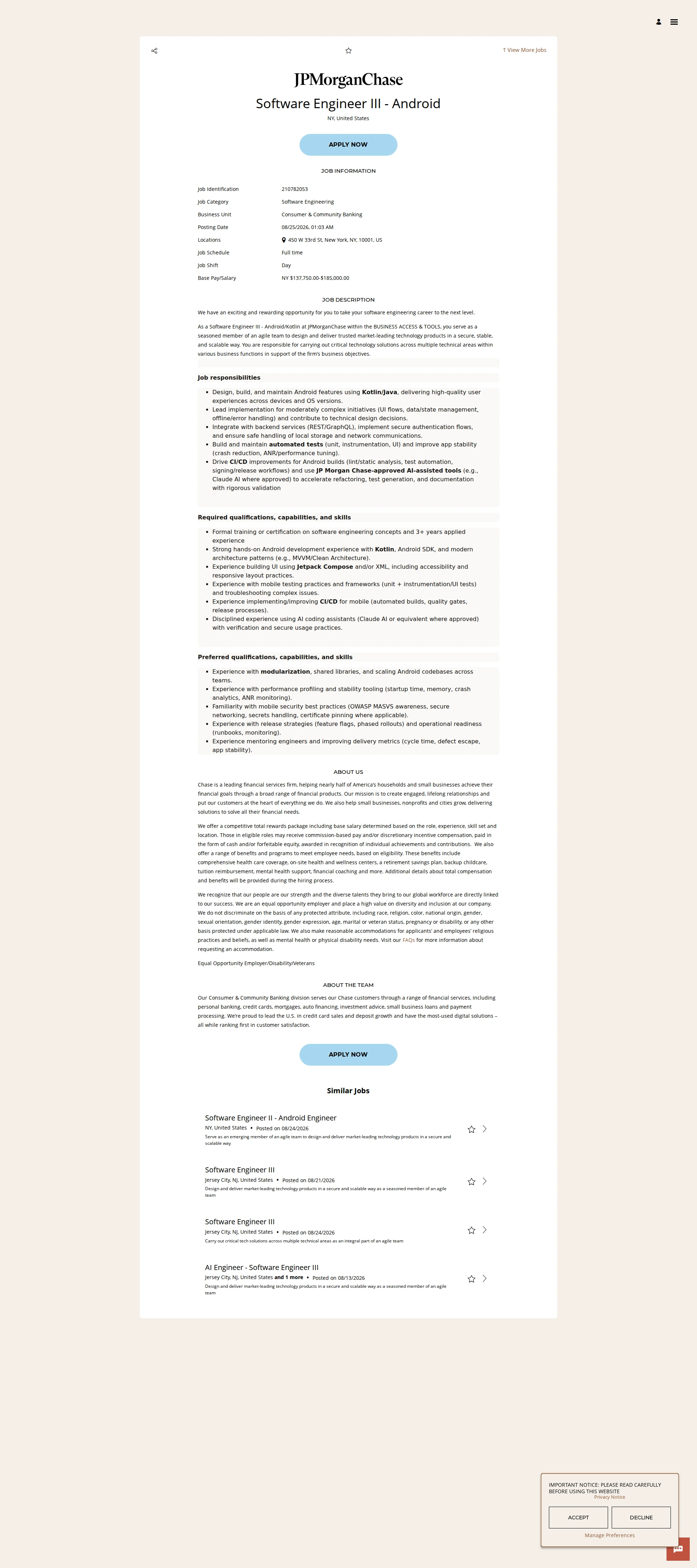 JPMorganChase Software Engineer III - Android 채용공고