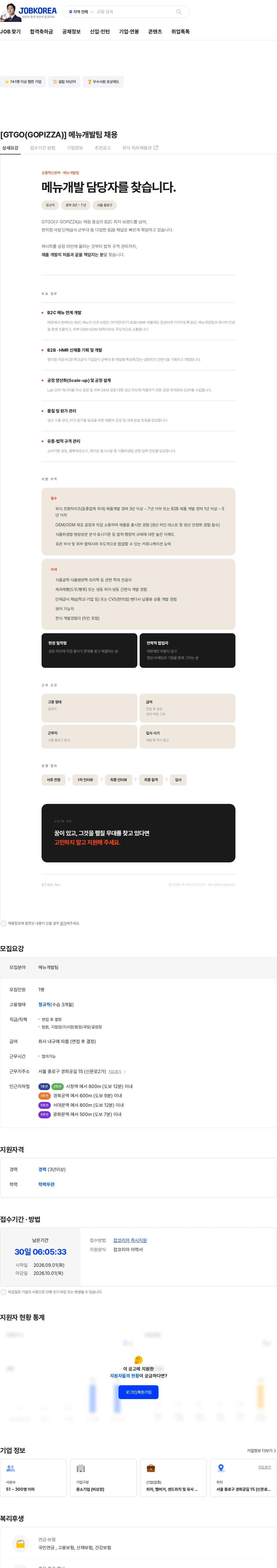고피자 [GTGO(GOPIZZA)] 메뉴개발팀 채용 채용공고
