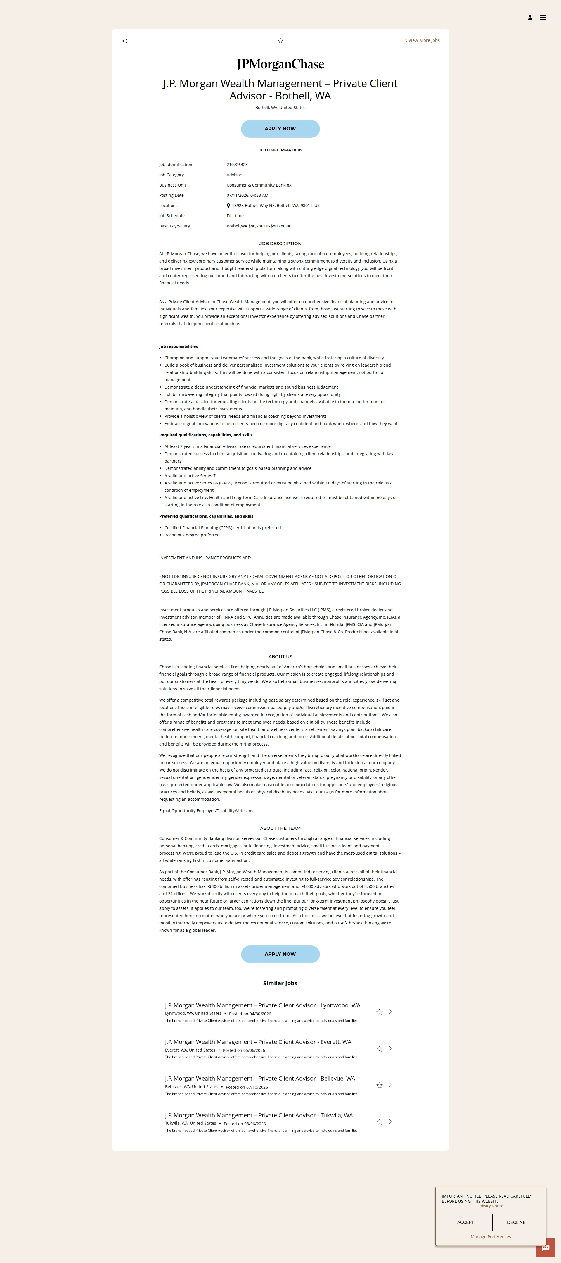 JPMorganChase J.P. Morgan Wealth Management – Private Client Advisor - Bothell, WA 채용공고