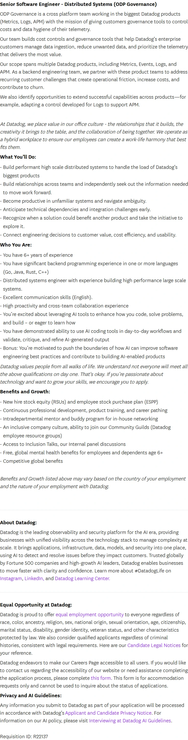 데이터독 Senior Software Engineer - Distributed Systems (ODP Governance) 채용공고