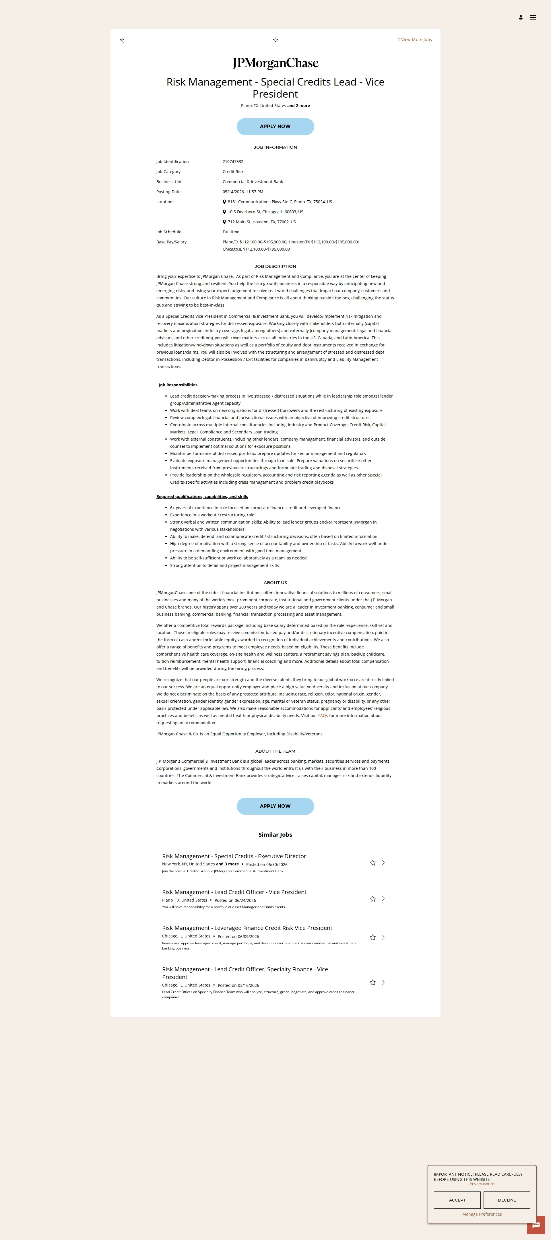 JPMorganChase Risk Management - Special Credits Lead - Vice President 채용공고