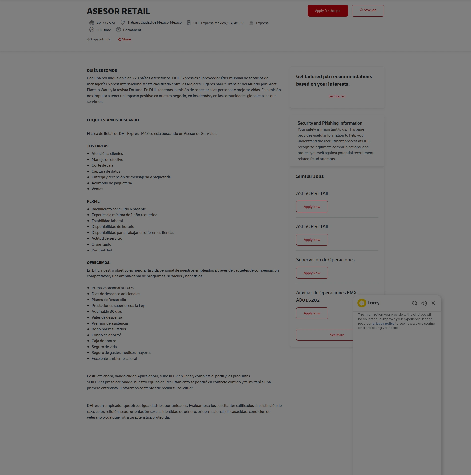 DHL ASESOR RETAIL 채용공고