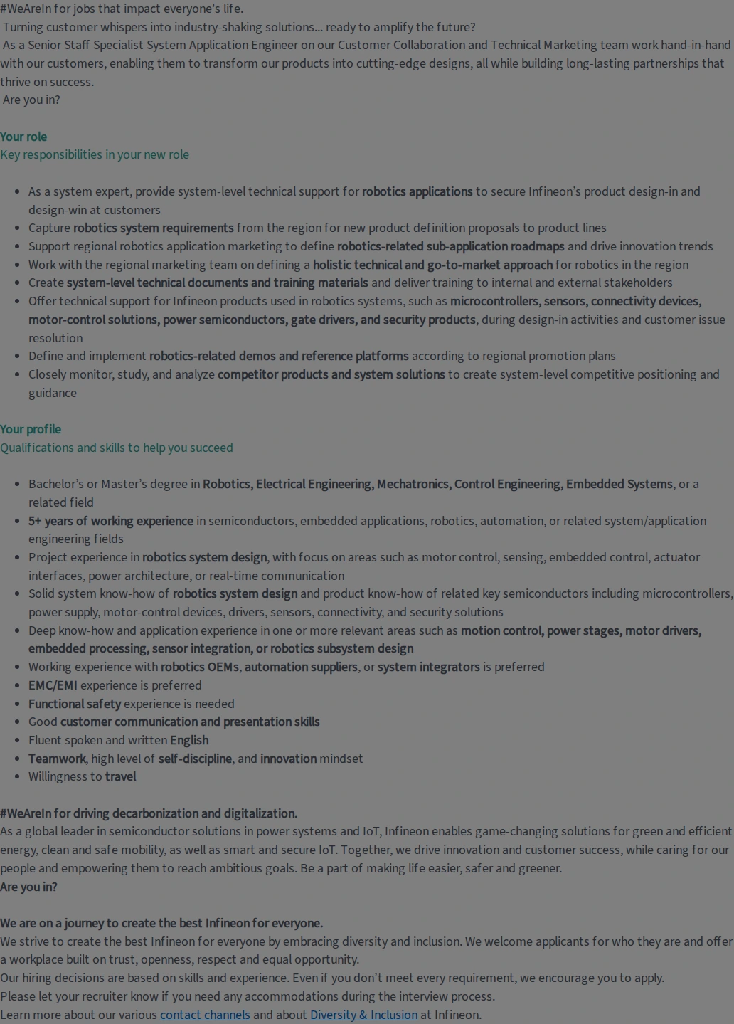 인피니언테크놀로지스코리아 Senior Staff Specialist System Application Engineer – Robotics (f/m/div) 채용공고