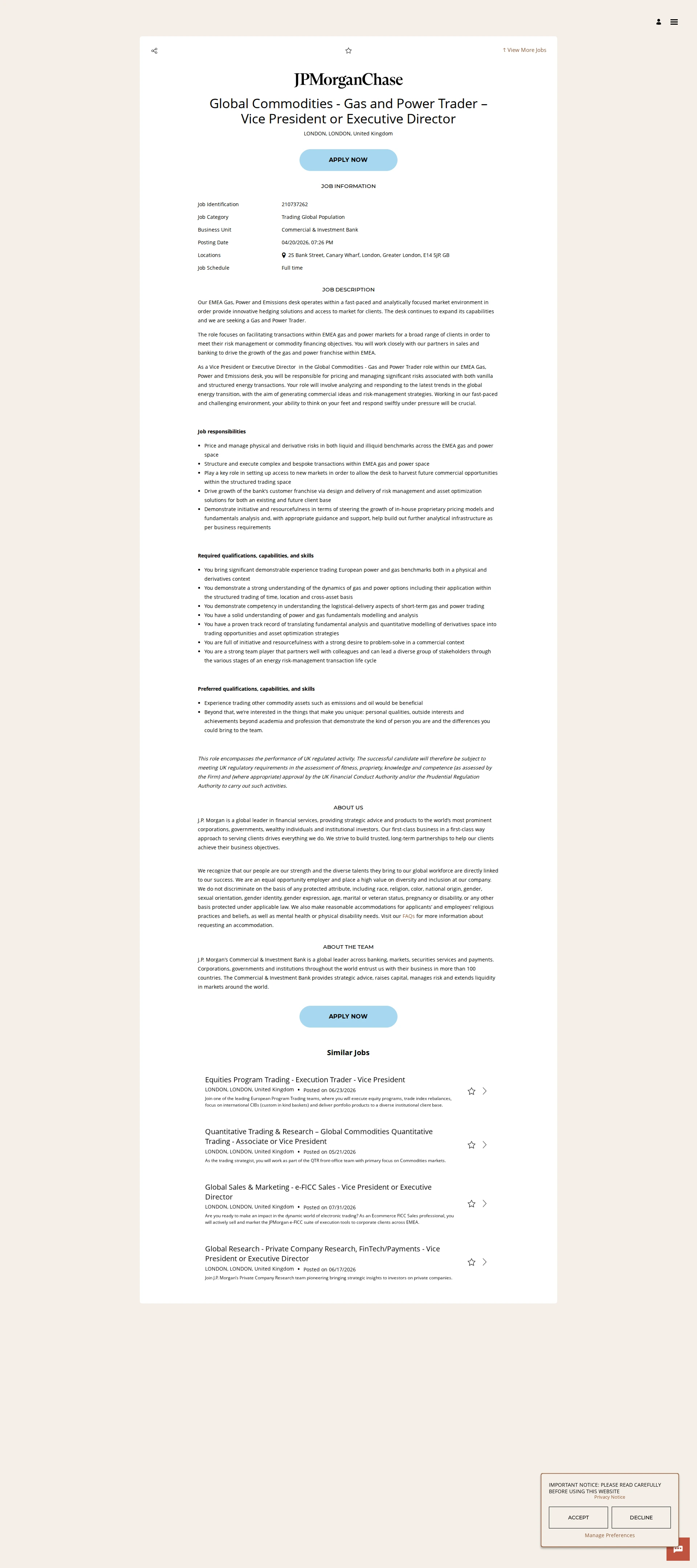 JPMorganChase Global Commodities - Gas and Power Trader – Vice President or Executive Director 채용공고