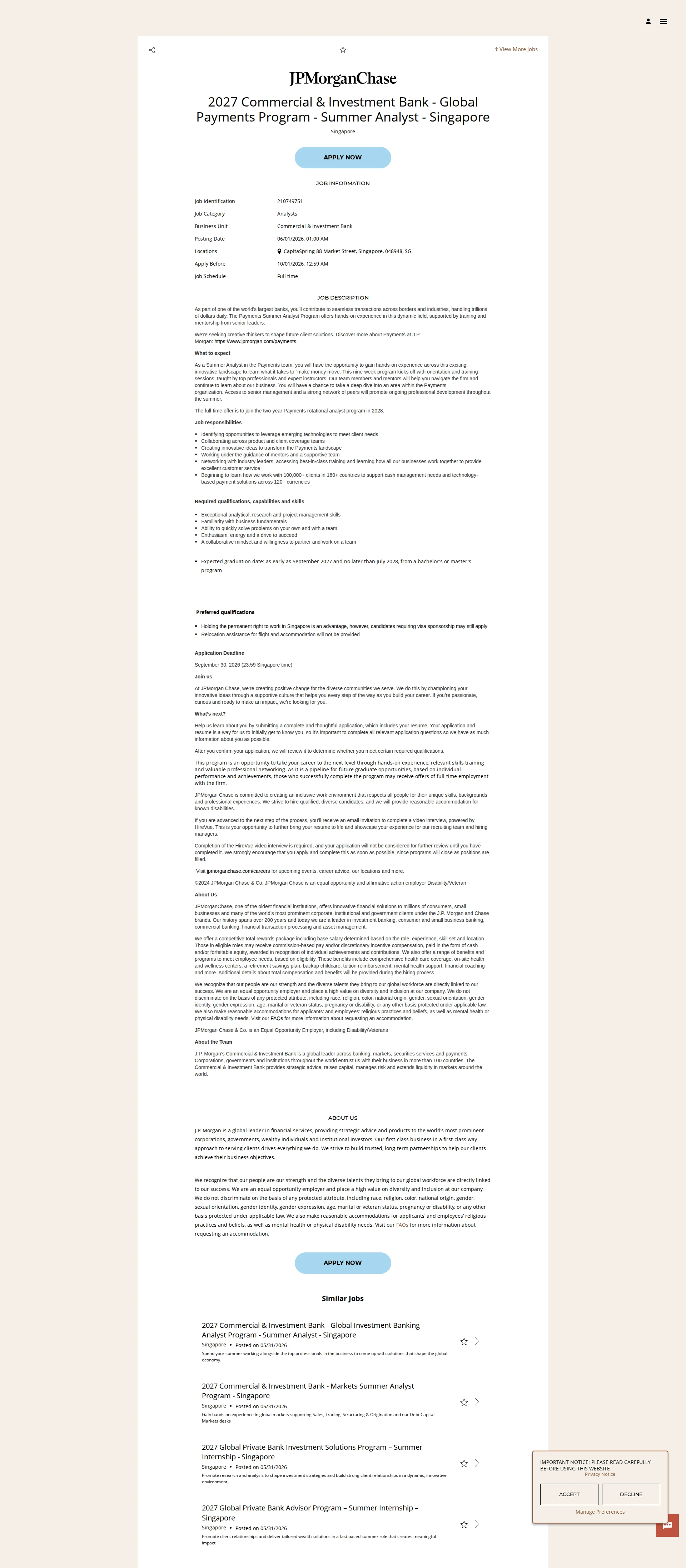 JPMorganChase 2027 Commercial & Investment Bank - Global Payments Program -  Summer Analyst  - Singapore 채용공고