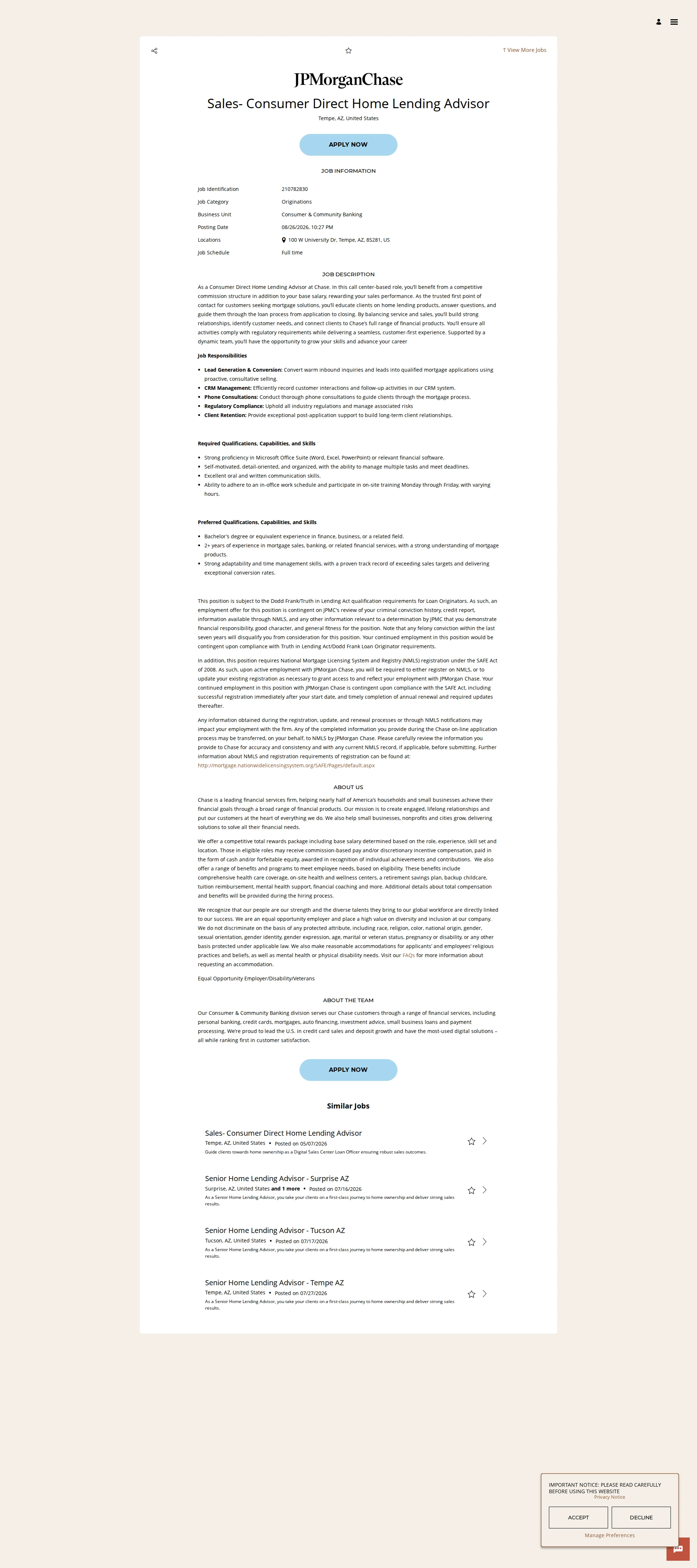 JPMorganChase Sales- Consumer Direct Home Lending Advisor 채용공고