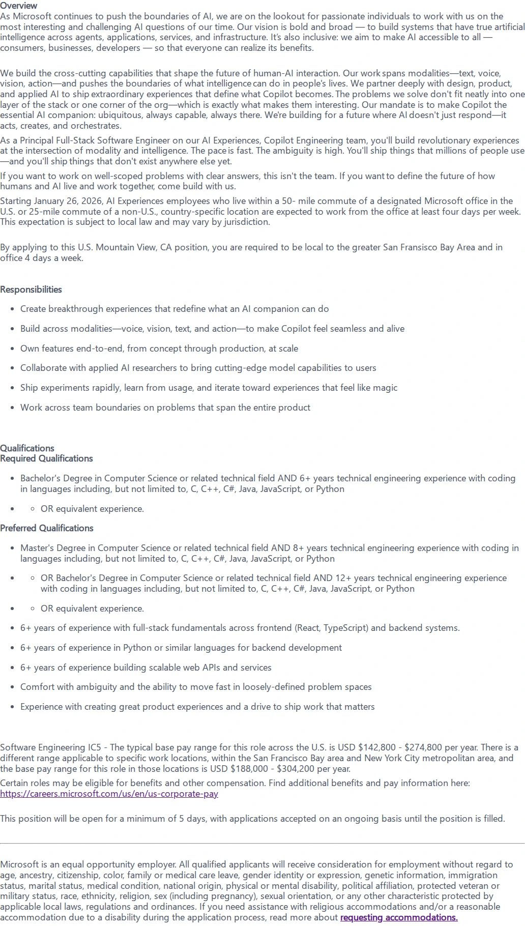 마이크로소프트(Microsoft) Principal Full-Stack Software Engineer - AI Experiences, Copilot Engineering 채용공고