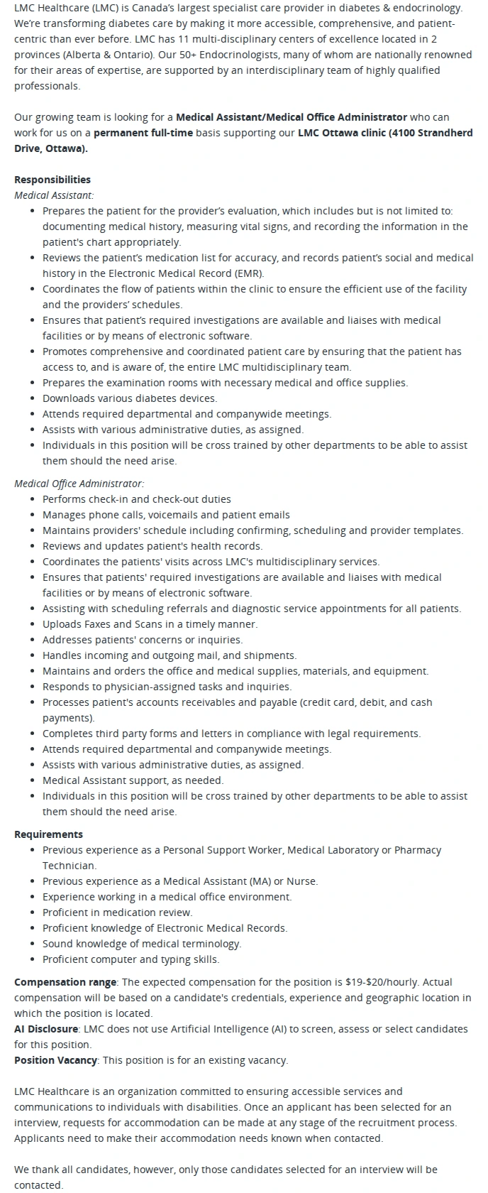 LMC Healthcare Medical Assistant/Medical Office Administrator 채용공고