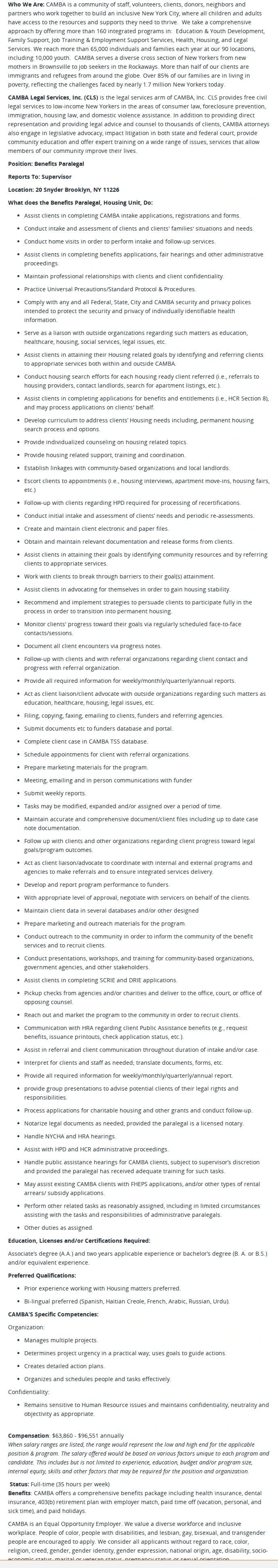 CAMBA Earned Benefits Paralegal, Housing Unit, CAMBA Legal Services 채용공고