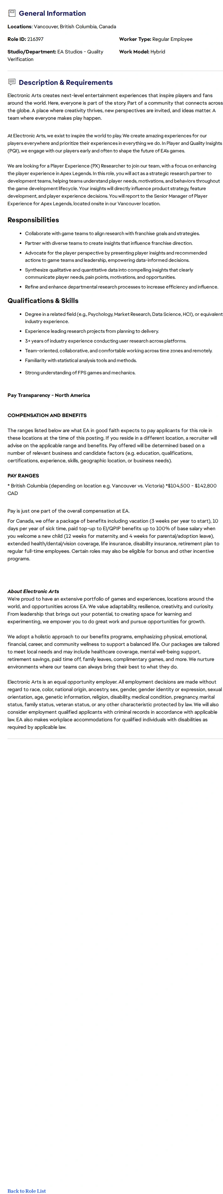 ElectronicArts Player Experience, Research II 채용공고