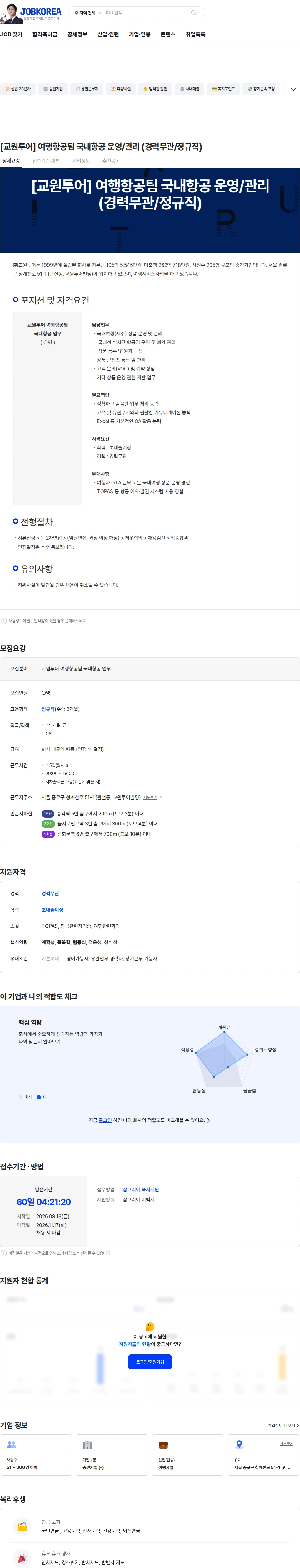 교원투어 [교원투어] 여행항공팀 국내항공 운영/관리 (경력무관/정규직) 채용공고