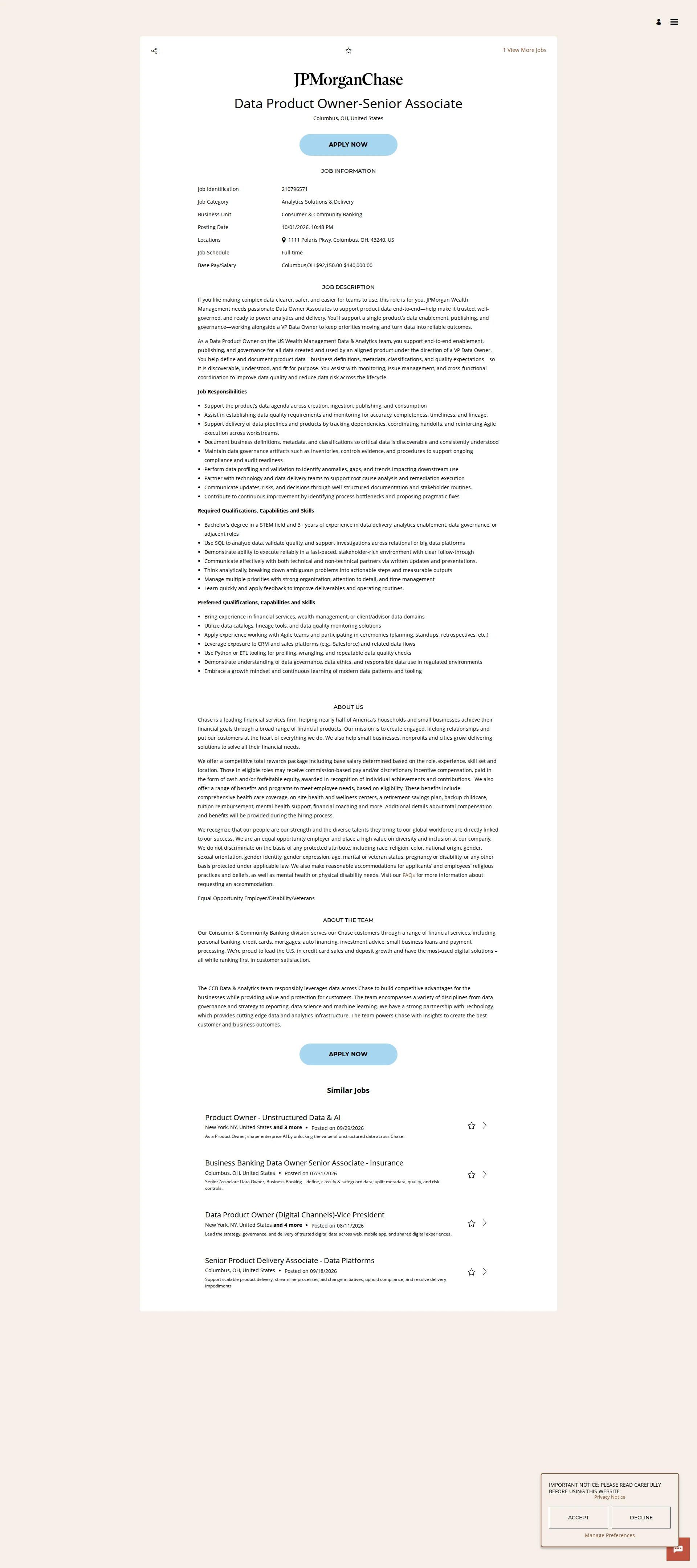 JPMorganChase Data Product Owner-Senior Associate 채용공고
