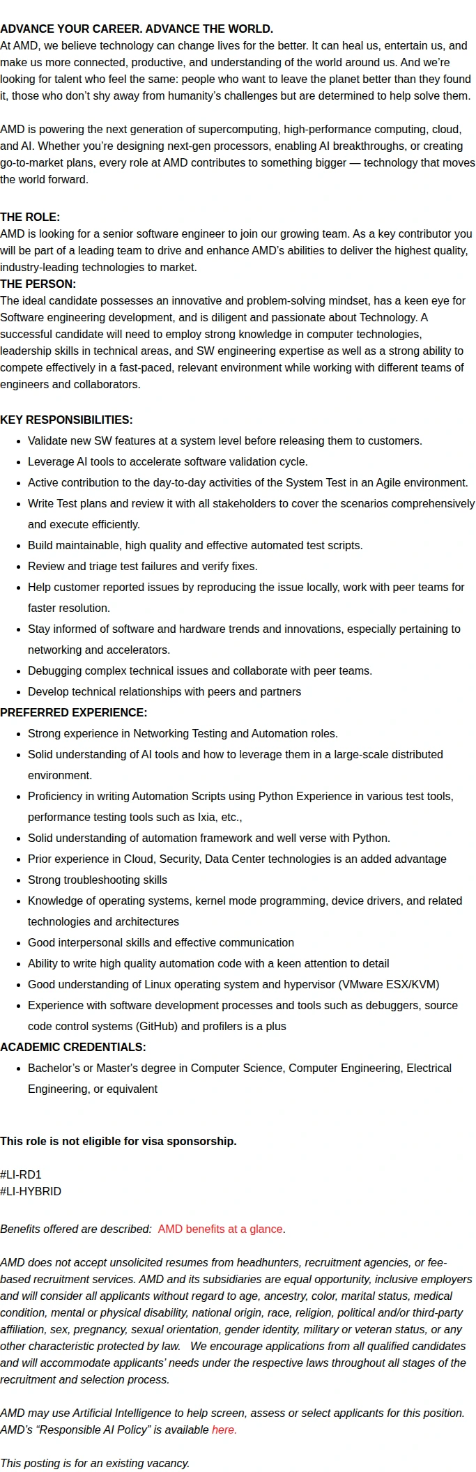 AMD AI Networking System/Solution Test Engineer 채용공고