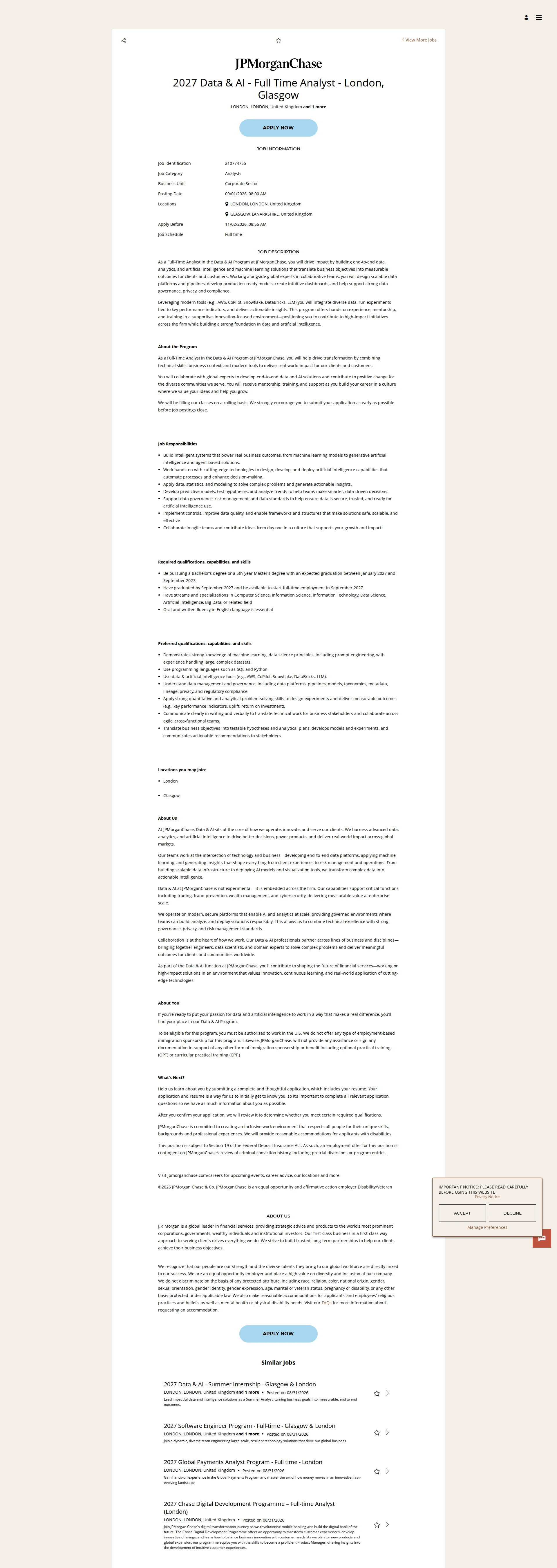 JPMorganChase 2027 Data & AI - Full Time Analyst - London, Glasgow 채용공고