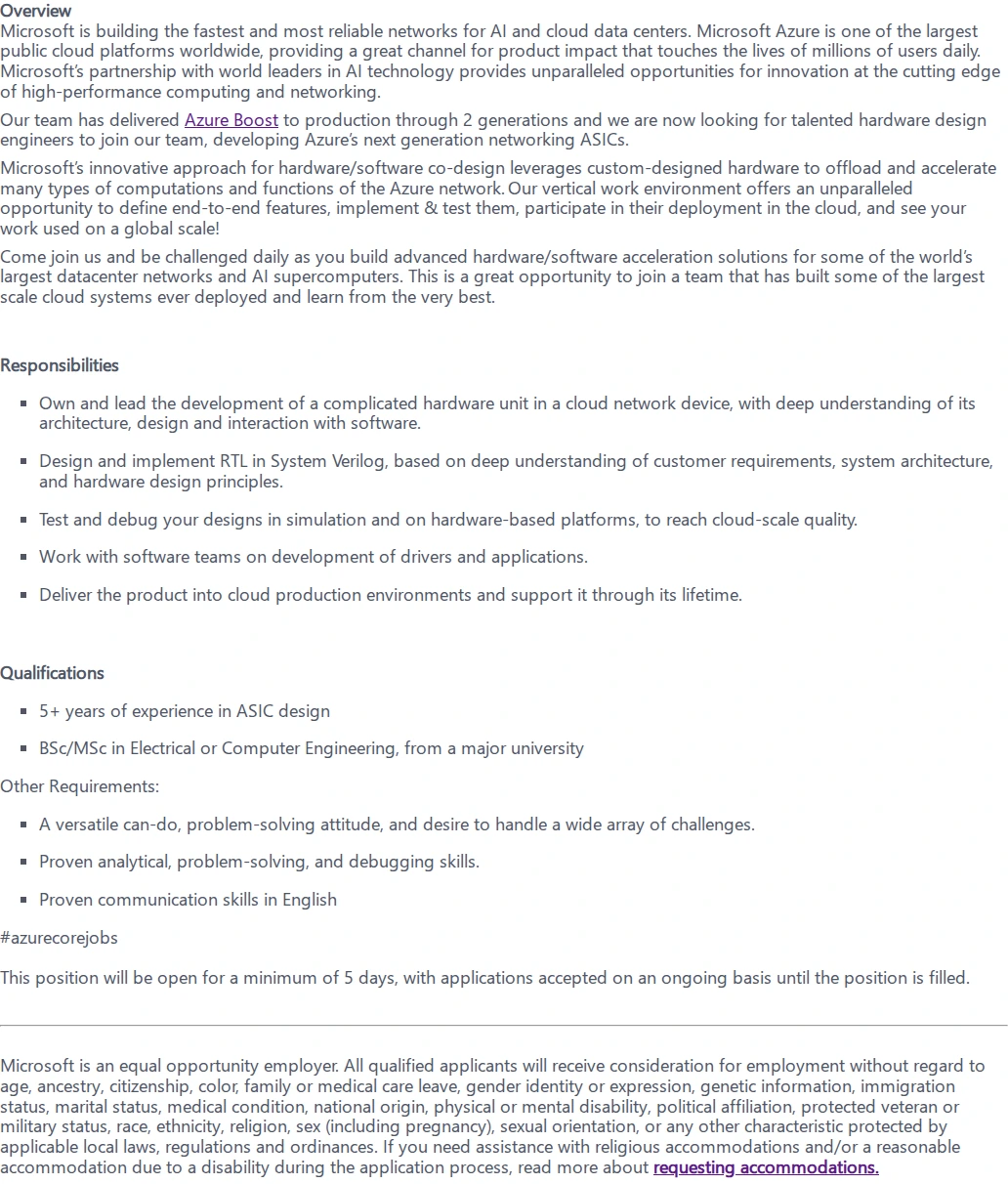 마이크로소프트(Microsoft) Senior Logic Design Engineer - Microsoft Azure 채용공고