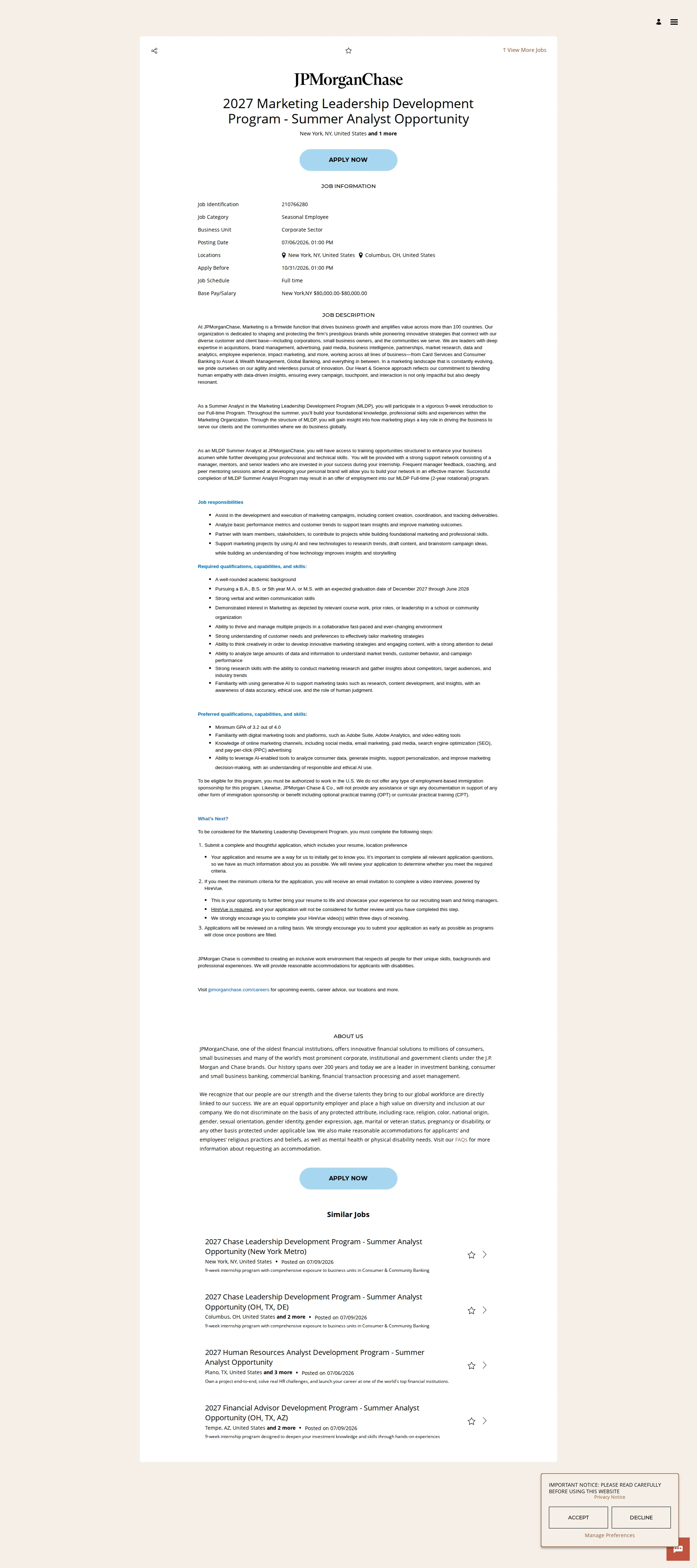 JPMorganChase 2027 Marketing Leadership Development Program - Summer Analyst Opportunity 채용공고