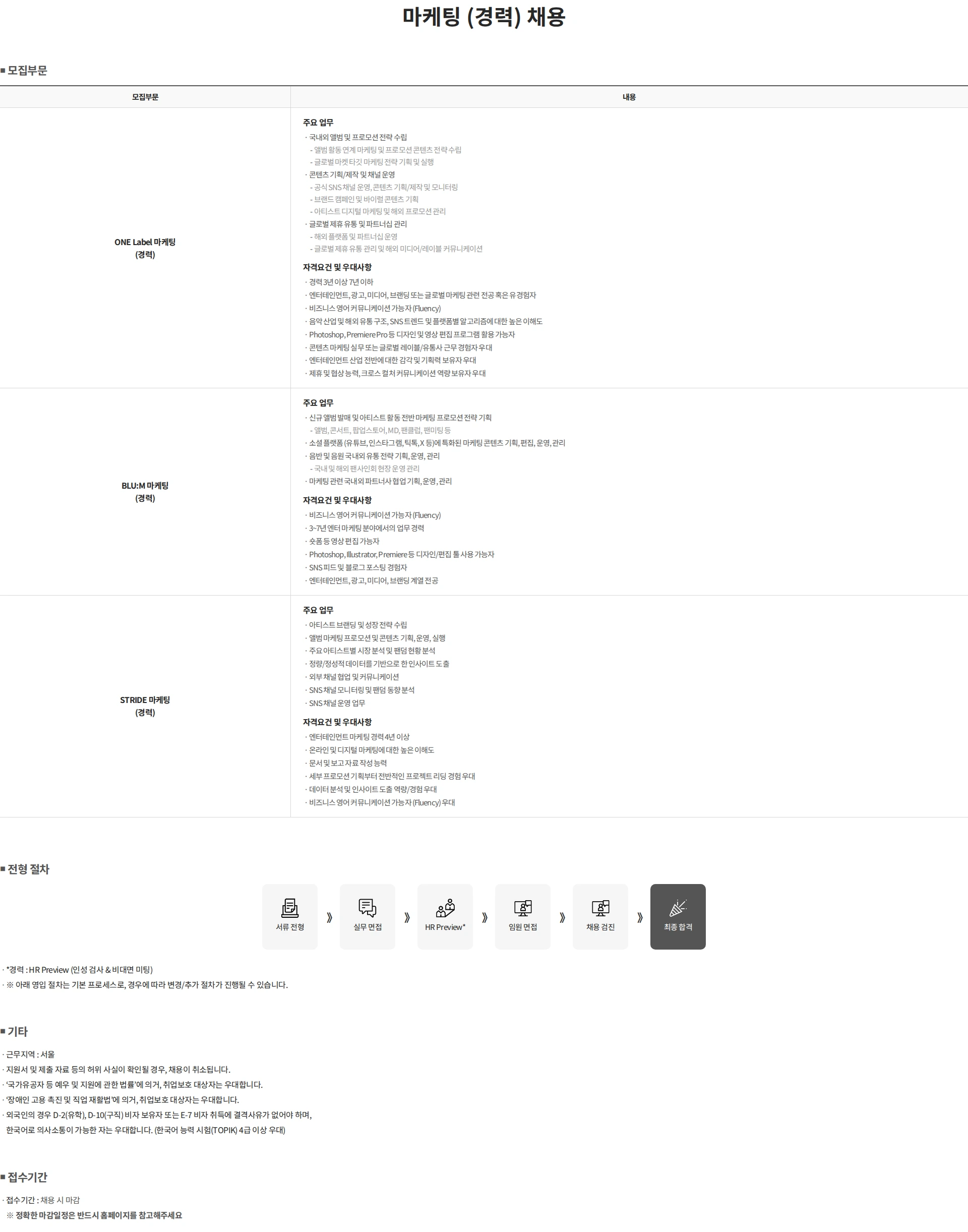제이와이피엔터테인먼트(JYP) 마케팅 (경력) 채용 채용공고
