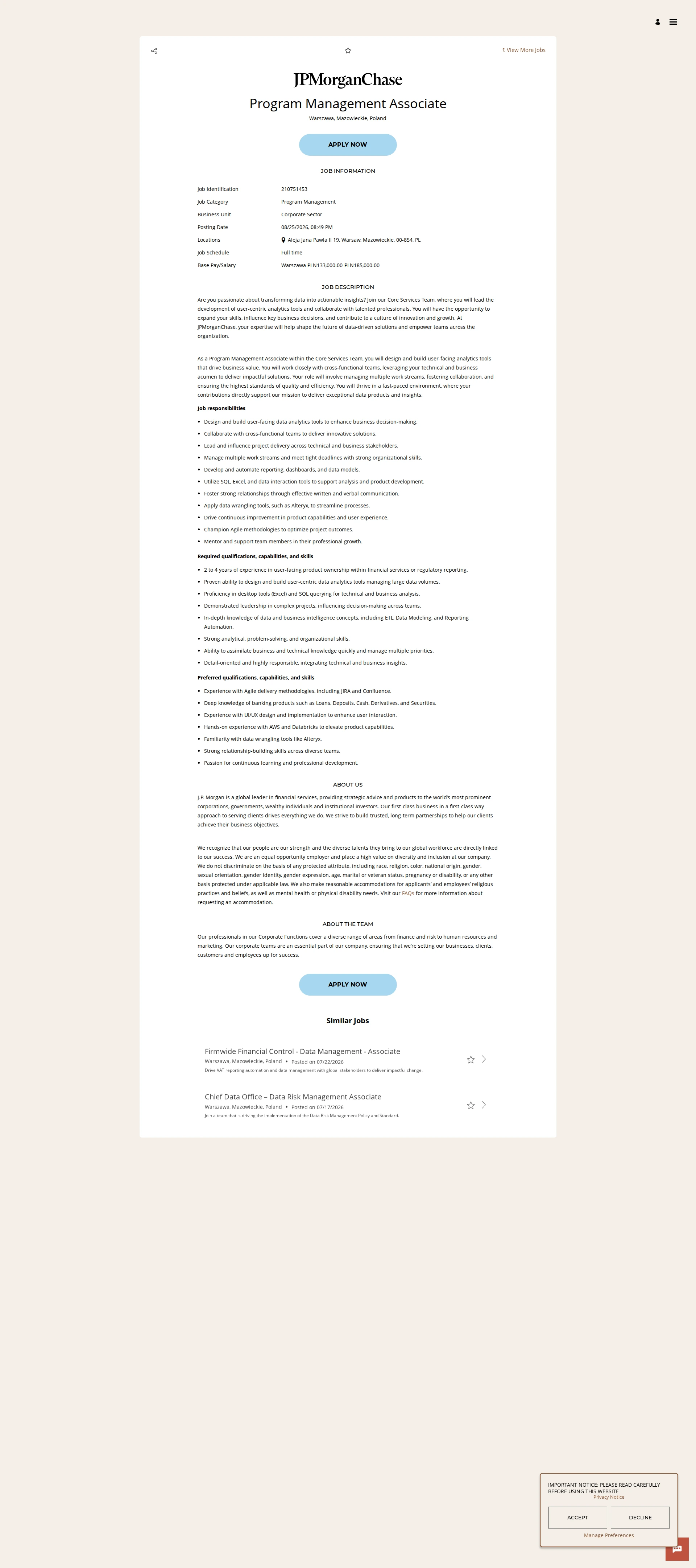 JPMorganChase Program Management Associate 채용공고