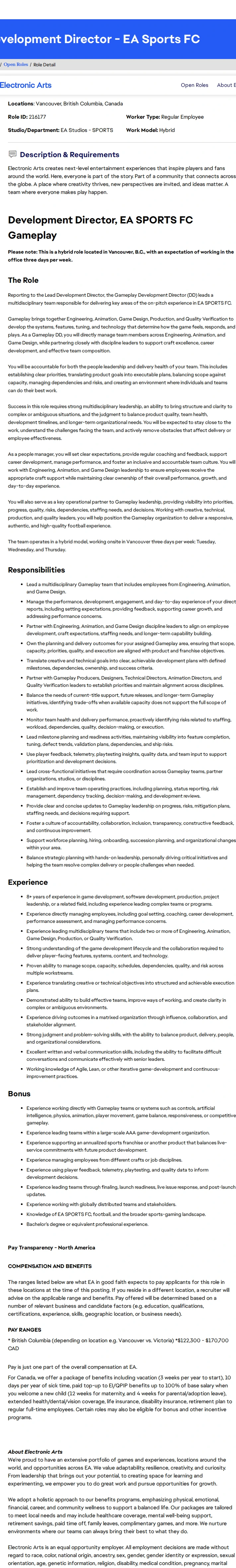 ElectronicArts Development Director - EA Sports FC 채용공고