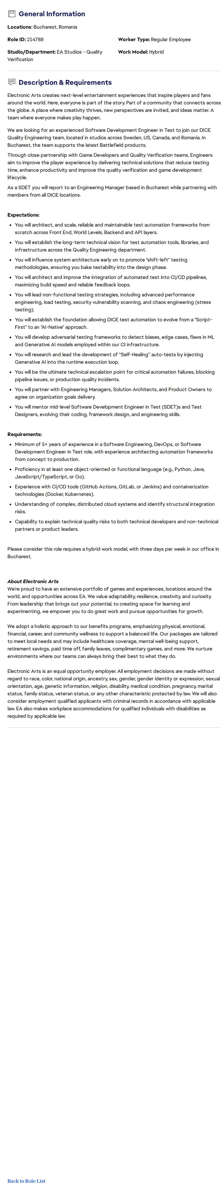 ElectronicArts Software Development Engineer In Test 채용공고