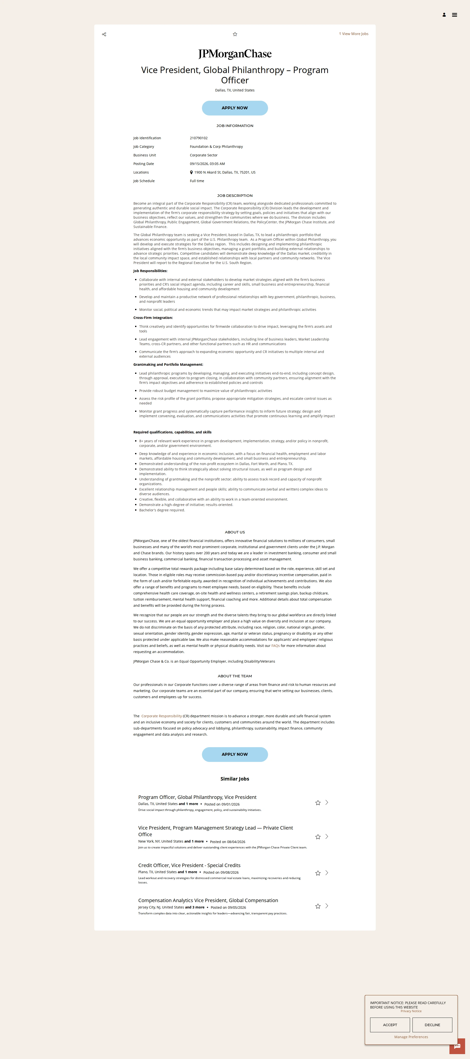JPMorganChase Vice President, Global Philanthropy – Program Officer 채용공고