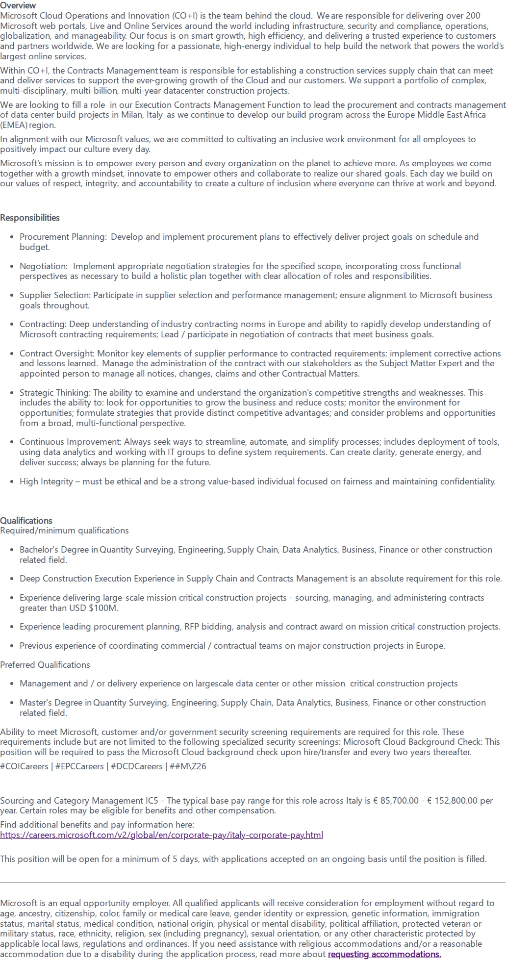 마이크로소프트(Microsoft) Sourcing and Category Management -  Contracts Manager 채용공고