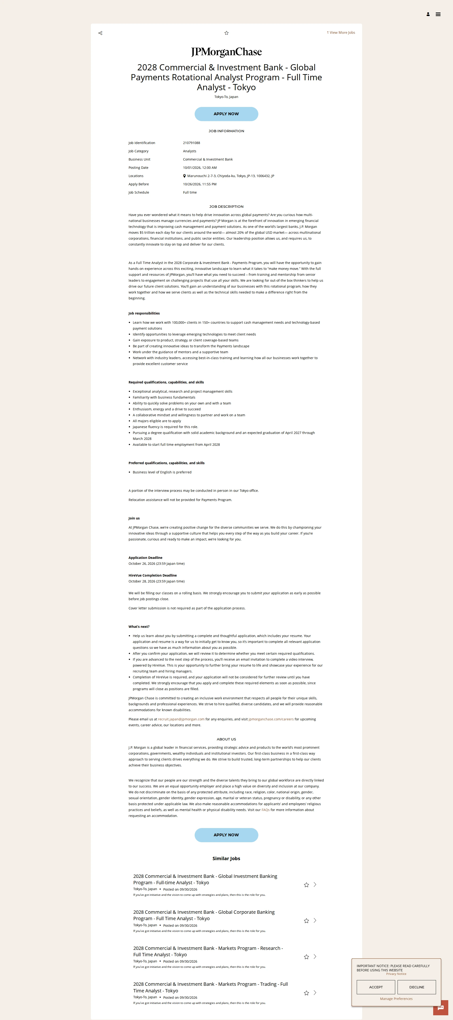 JPMorganChase 2028 Commercial & Investment Bank - Global Payments Rotational Analyst Program - Full Time Analyst - Tokyo 채용공고