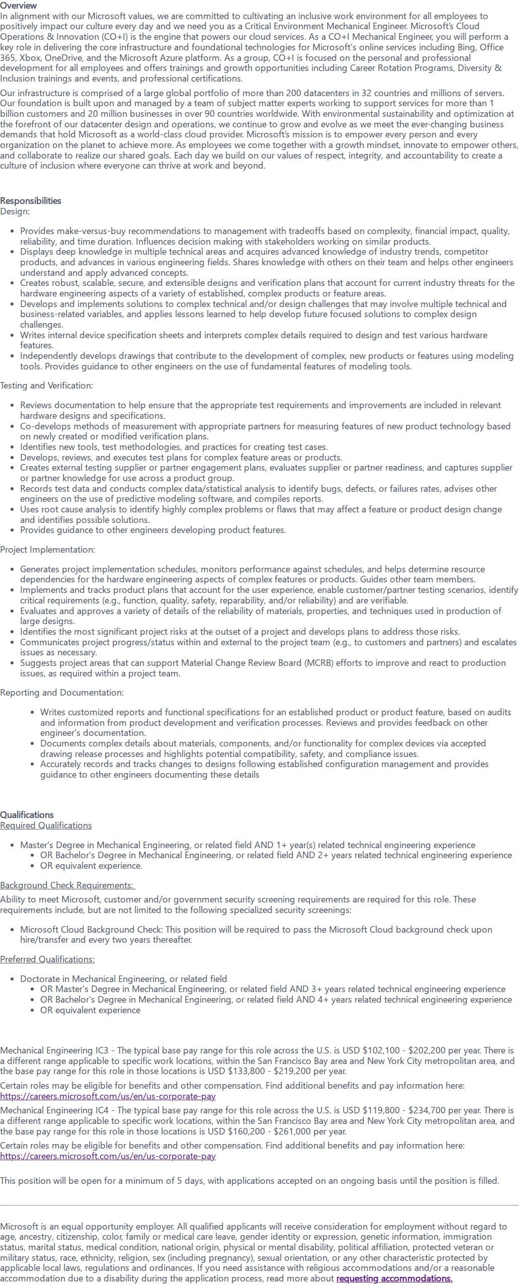 마이크로소프트(Microsoft) Critical Environment Mechanical Engineer 채용공고