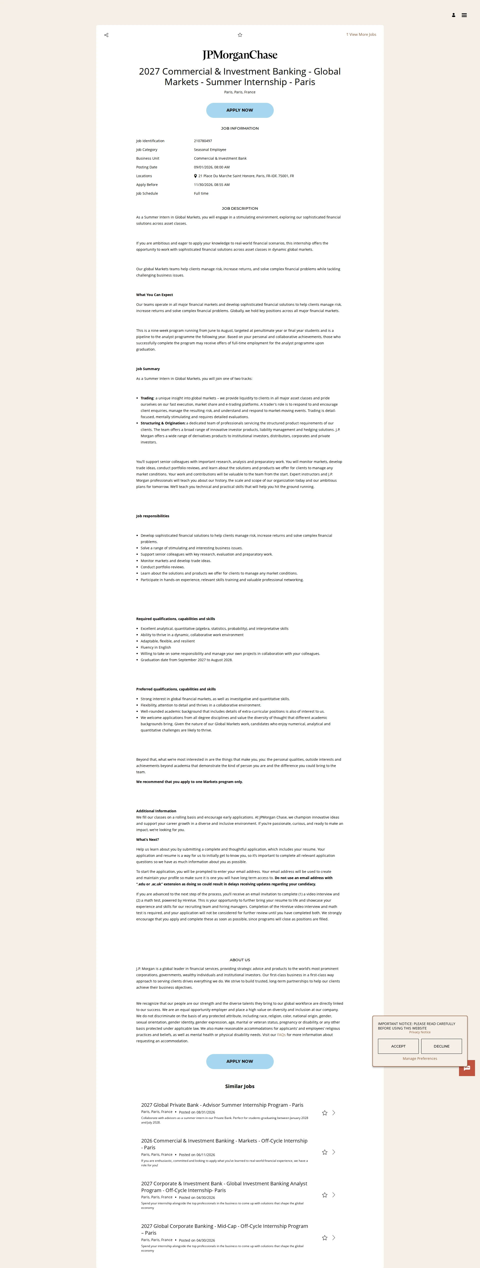 JPMorganChase 2027 Commercial & Investment Banking - Global Markets - Summer Internship - Paris 채용공고