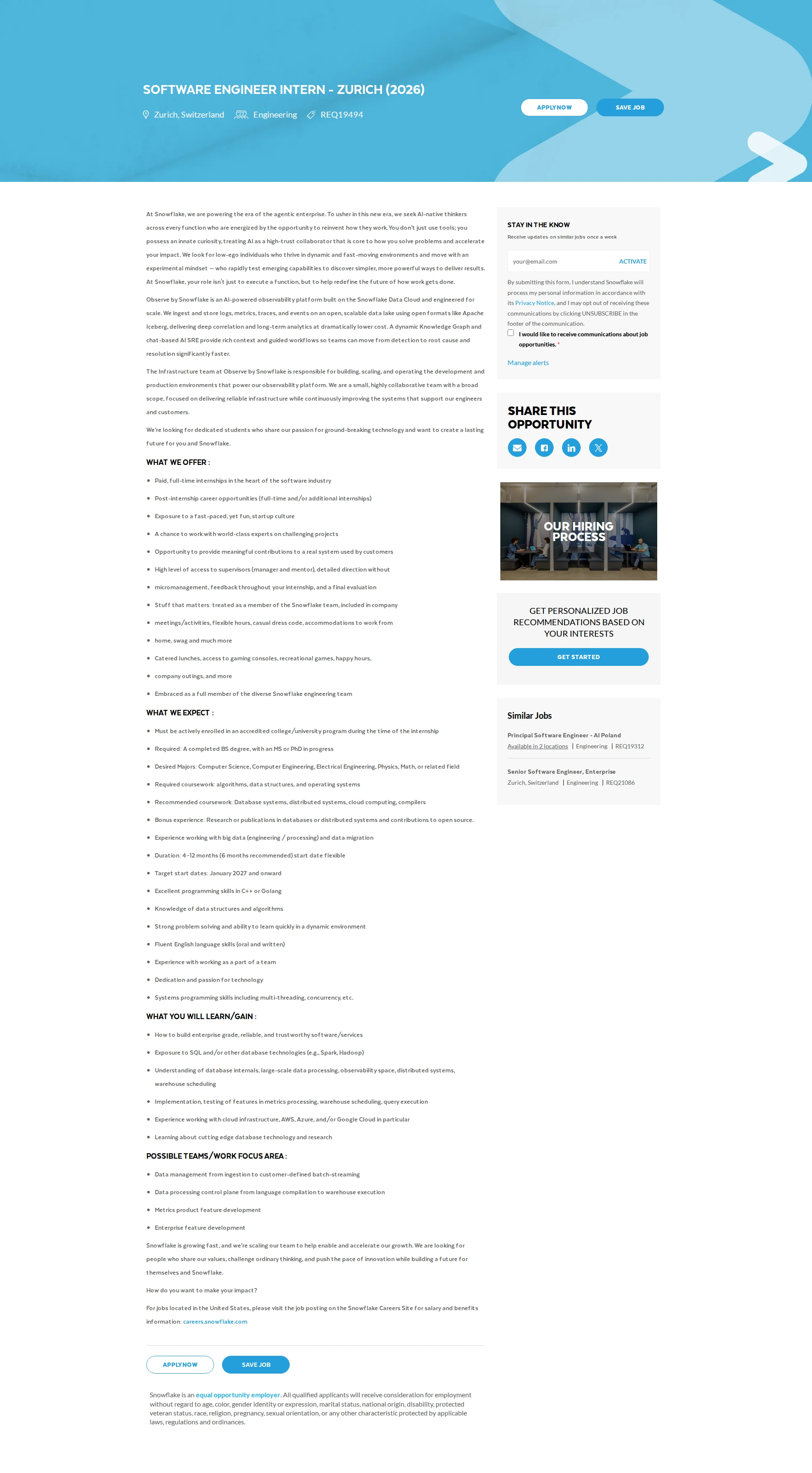 스노우플레이크 Software Engineer Intern - Zurich (2026) 채용공고