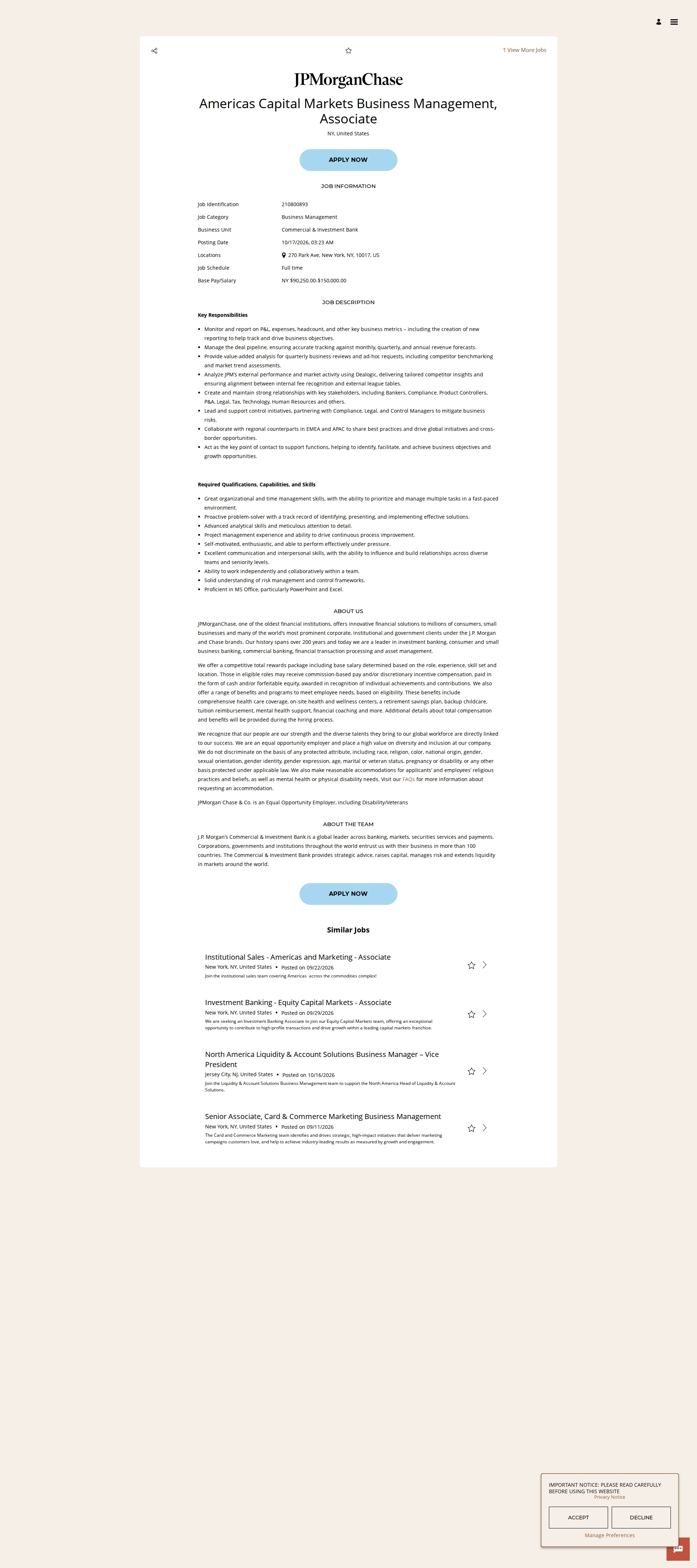 JPMorganChase Americas Capital Markets Business Management, Associate 채용공고
