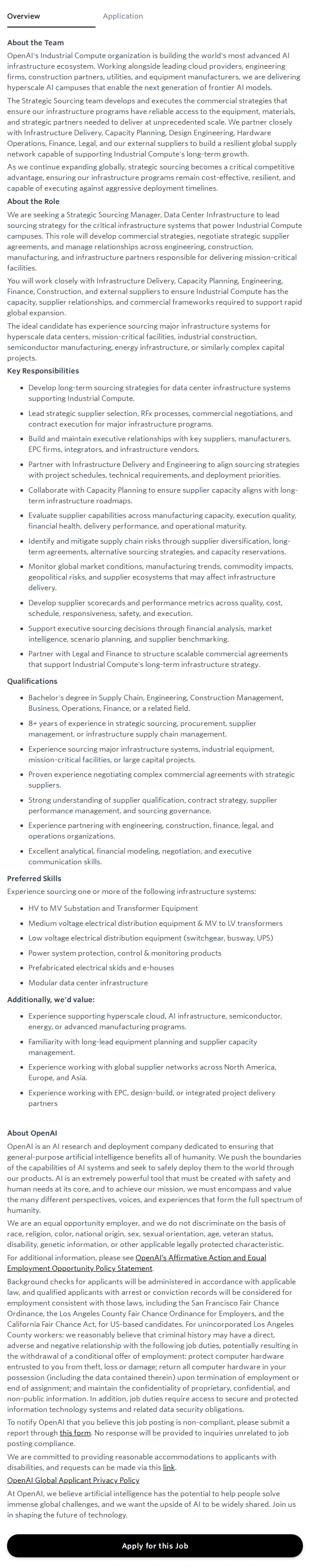 오픈에이아이(OpenAI) Strategic Sourcing Manager, Data Center Infrastructure, Electrical 채용공고