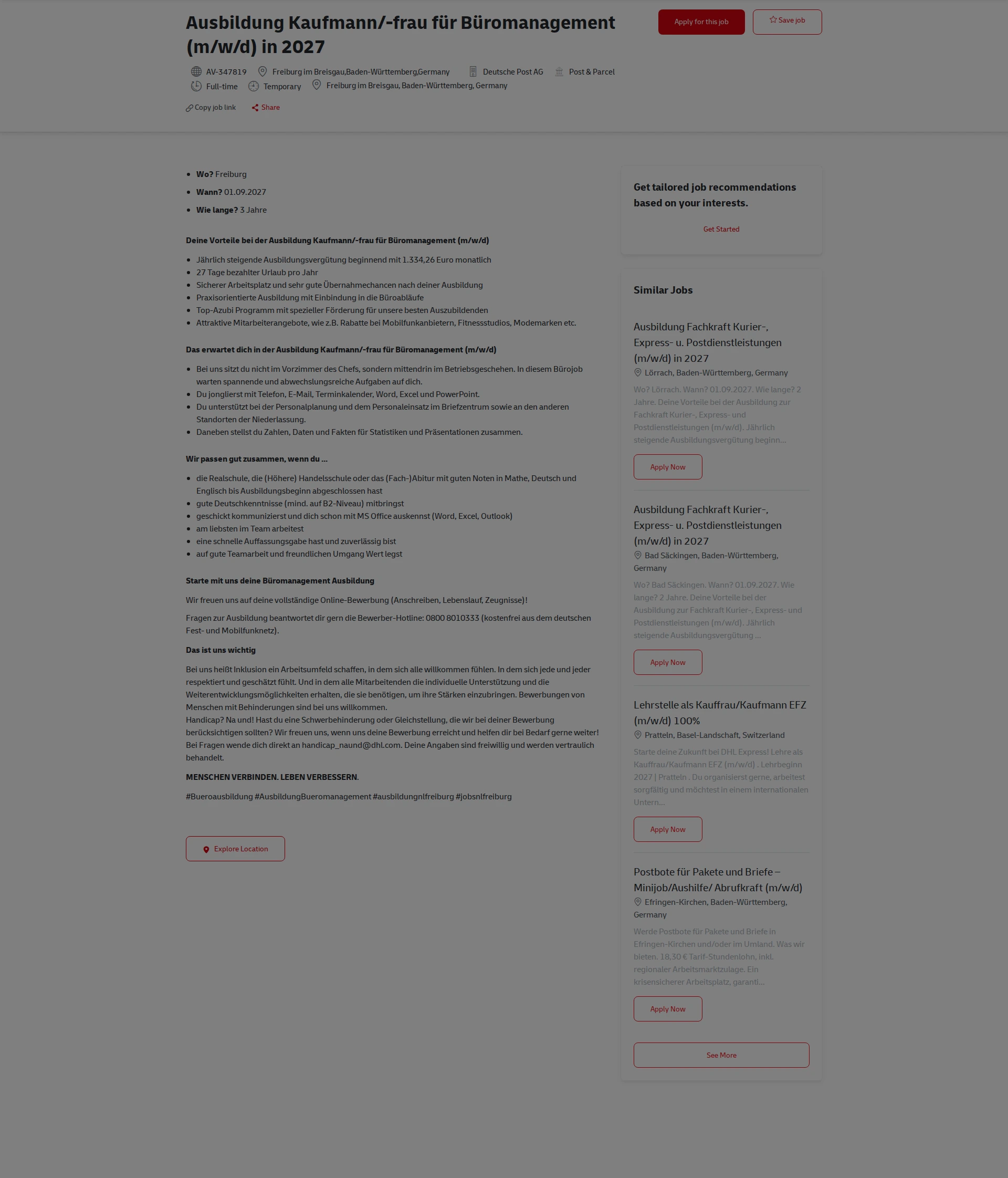 DHL Ausbildung Kaufmann/-frau für Büromanagement (m/w/d) in 2027 채용공고