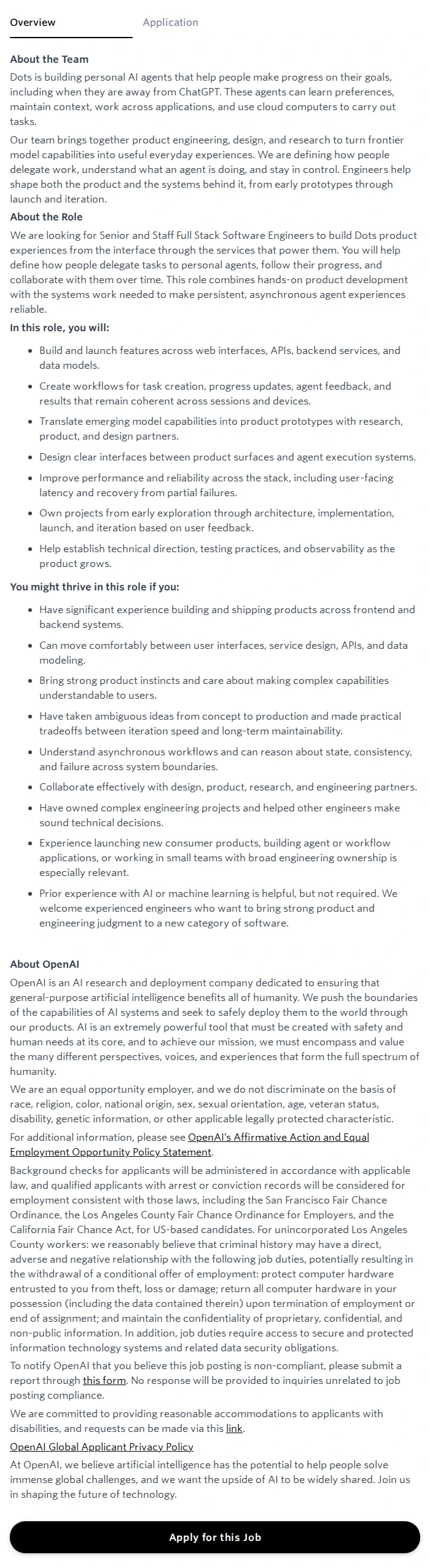 오픈에이아이(OpenAI) Software Engineer, Full Stack — Dots 채용공고