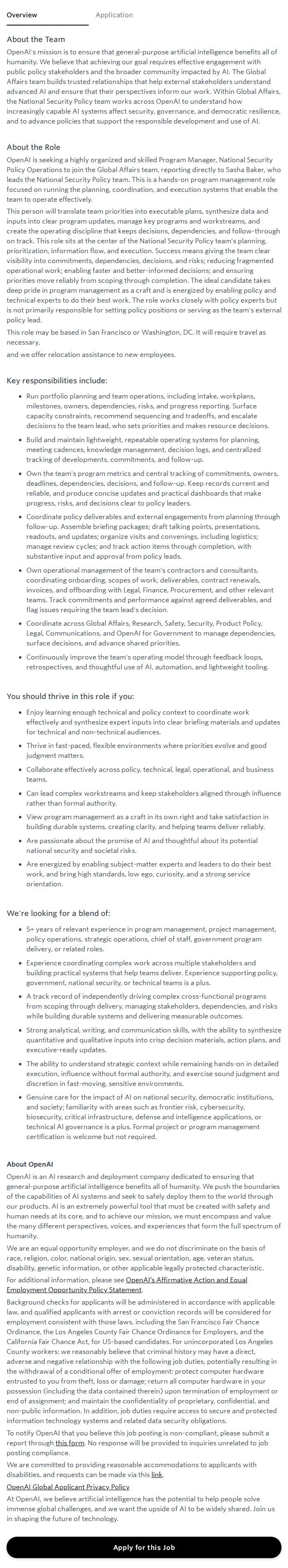 오픈에이아이(OpenAI) Program Manager, National Security Policy Operations 채용공고
