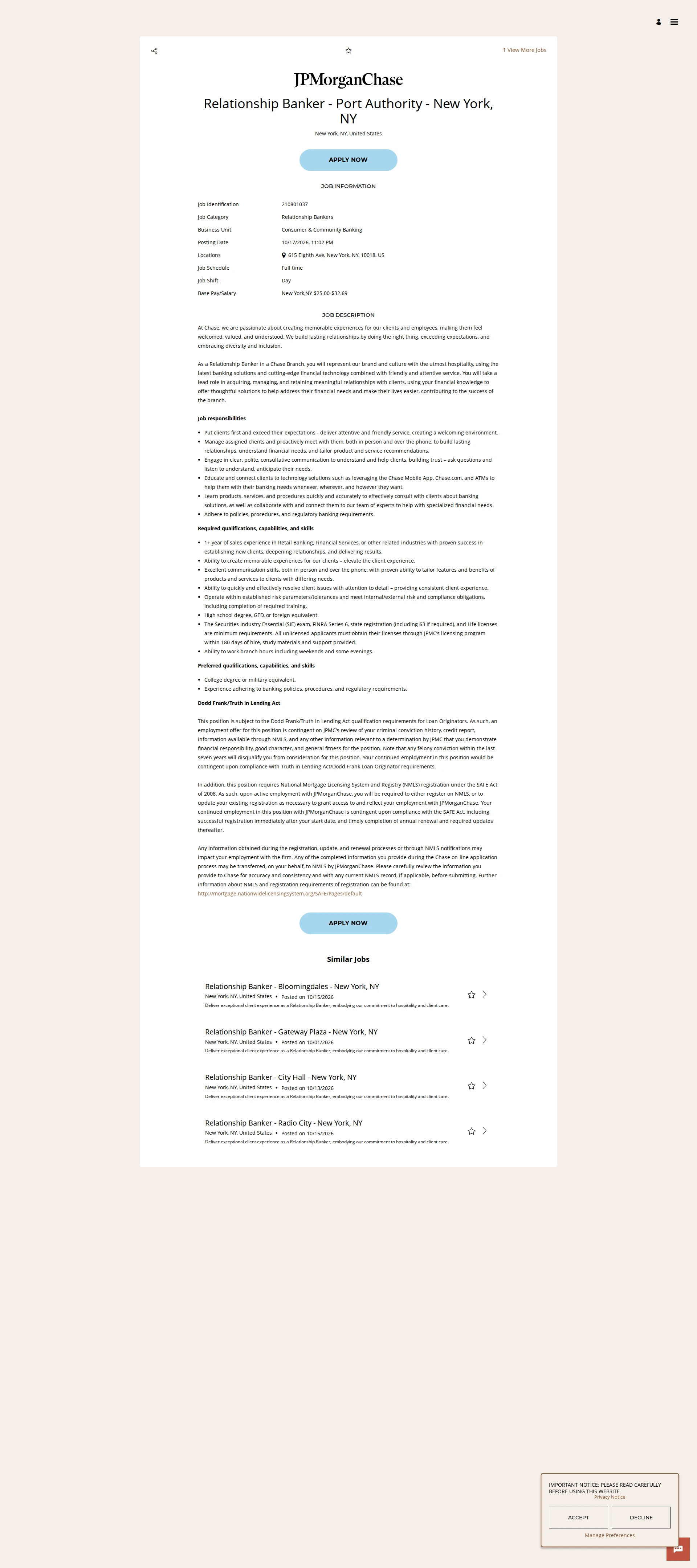 JPMorganChase Relationship Banker - Port Authority - New York, NY 채용공고