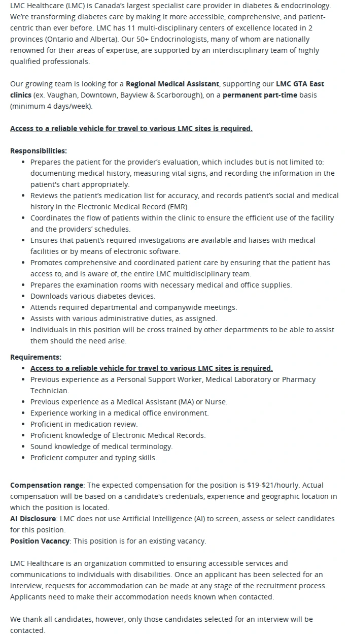 LMC Healthcare Regional Medical Assistant 채용공고