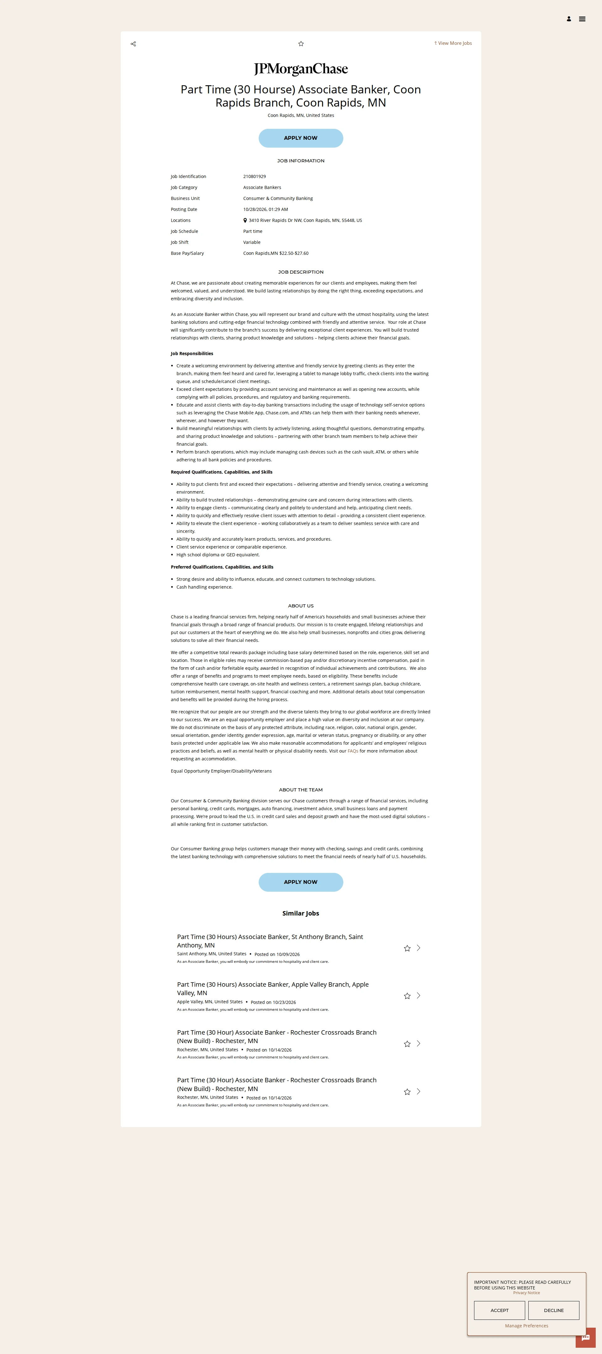 JPMorganChase Part Time (30 Hourse) Associate Banker, Coon Rapids Branch, Coon Rapids, MN 채용공고