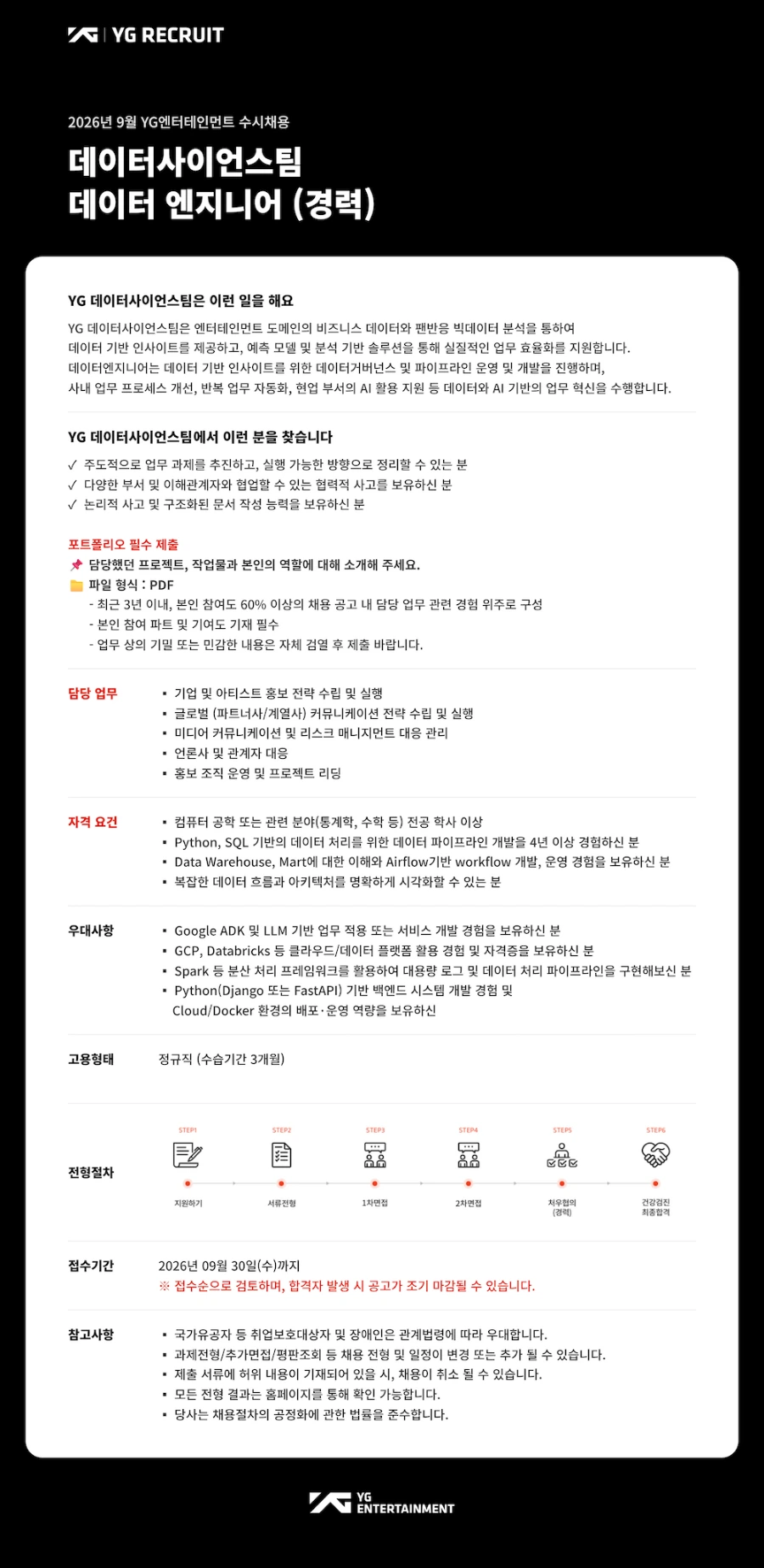 YG [9월 수시채용] 데이터사이언스팀 / 데이터 엔지니어 (경력) 채용 채용공고