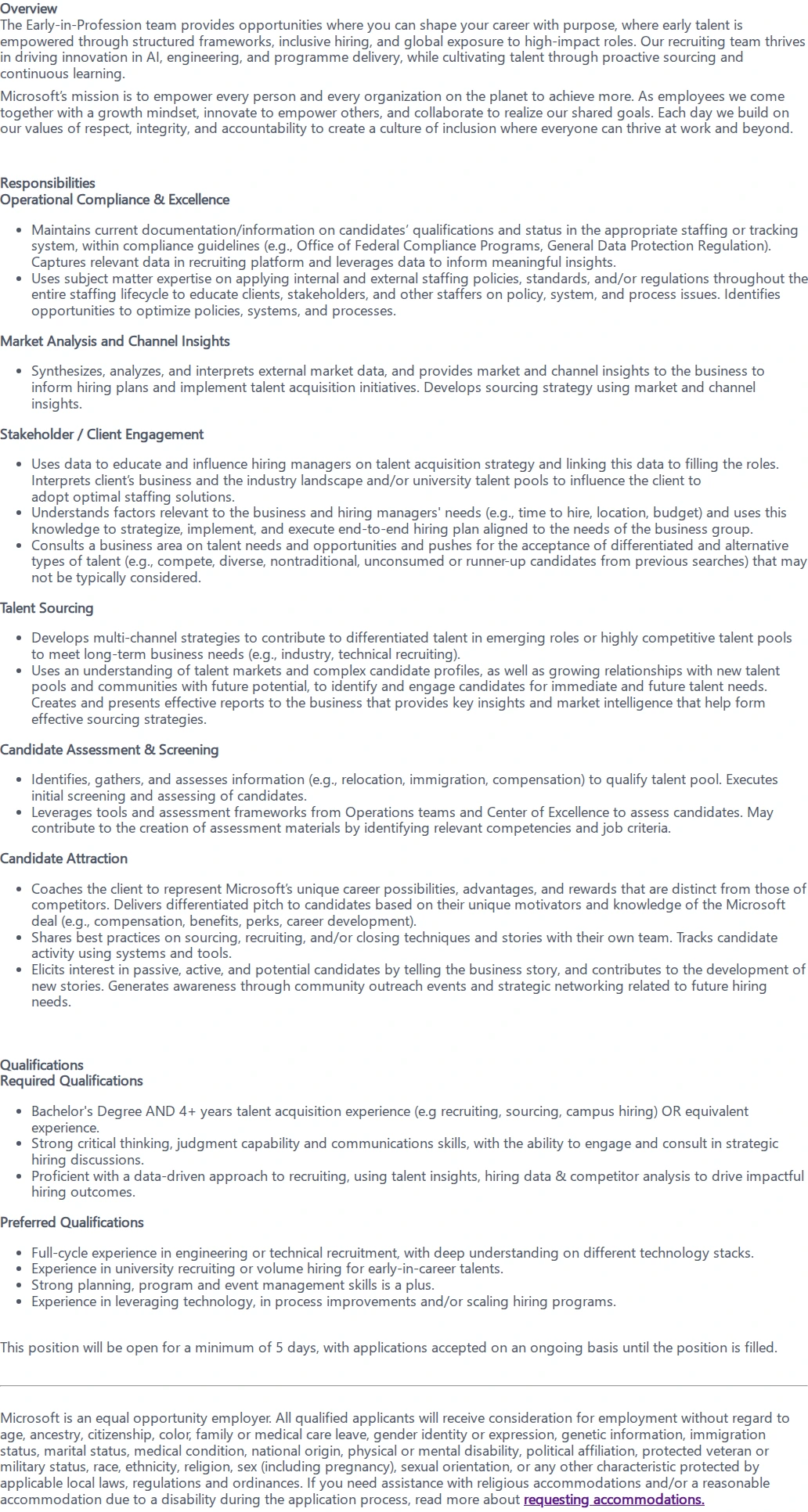마이크로소프트(Microsoft) Specialist Recruiter, Early-in-Profession 채용공고