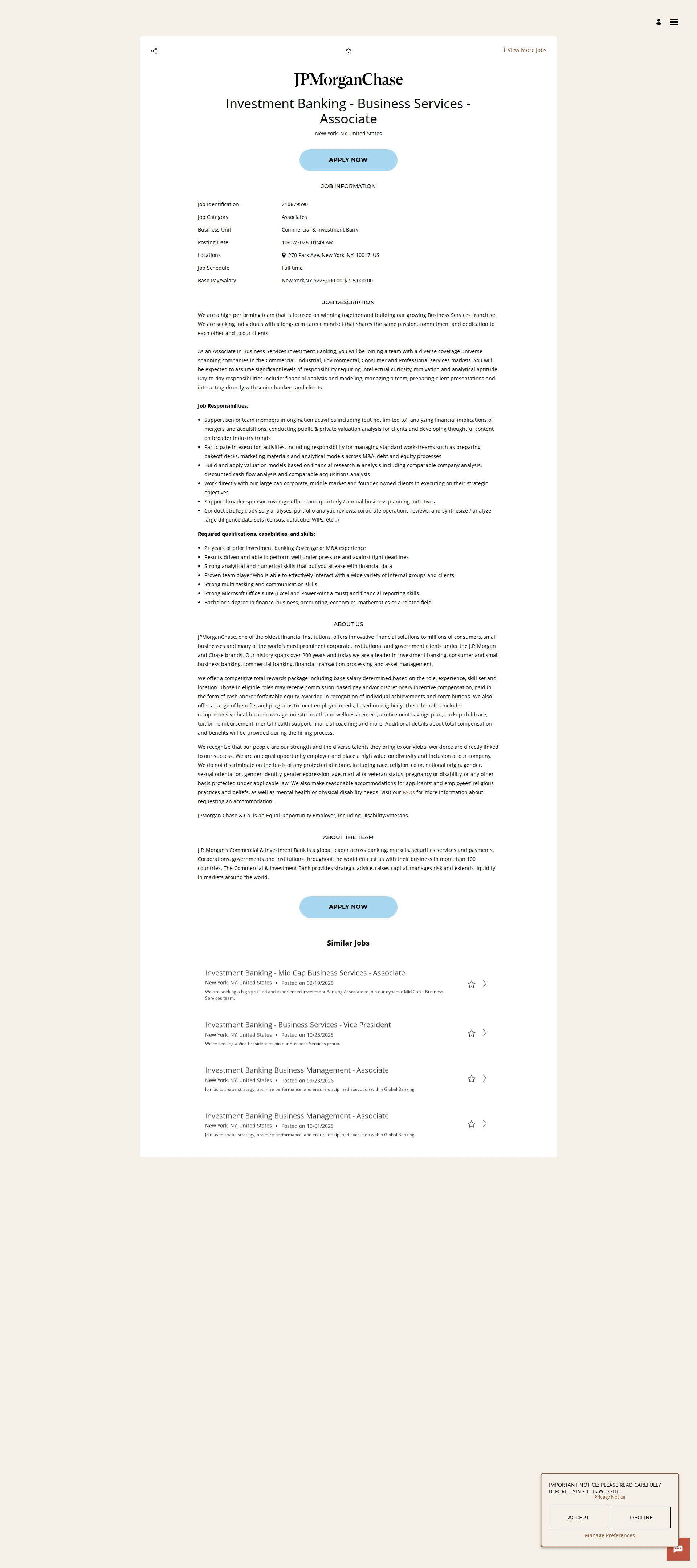 JPMorganChase Investment Banking - Business Services - Associate 채용공고