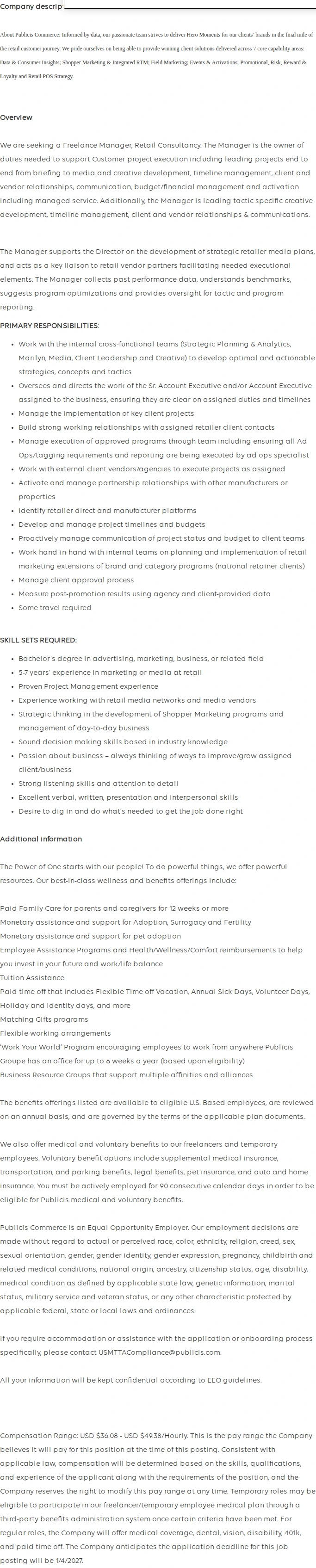 Publicis Groupe Freelance Manager, Retail Consultancy 채용공고