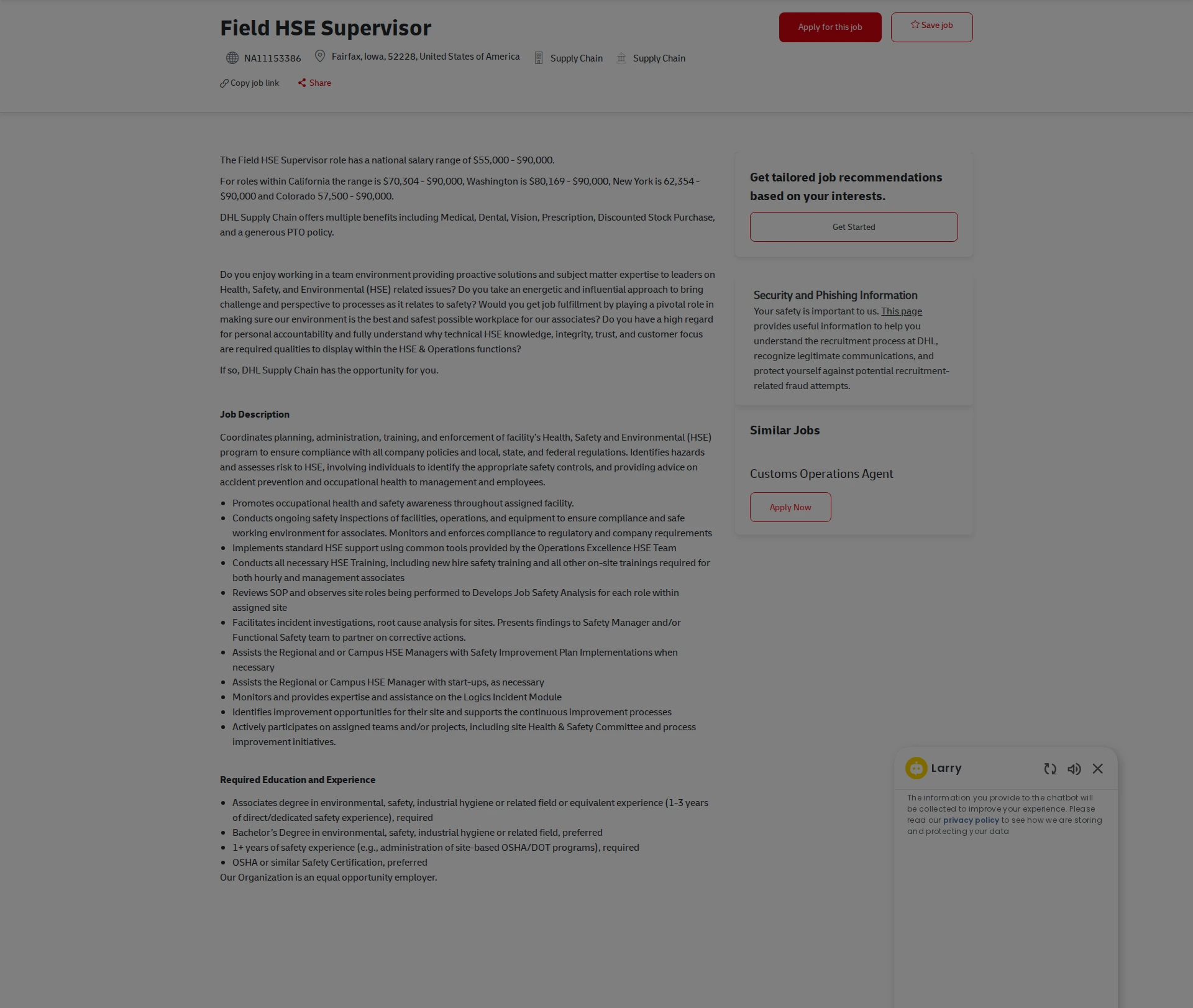 DHL Field HSE Supervisor 채용공고