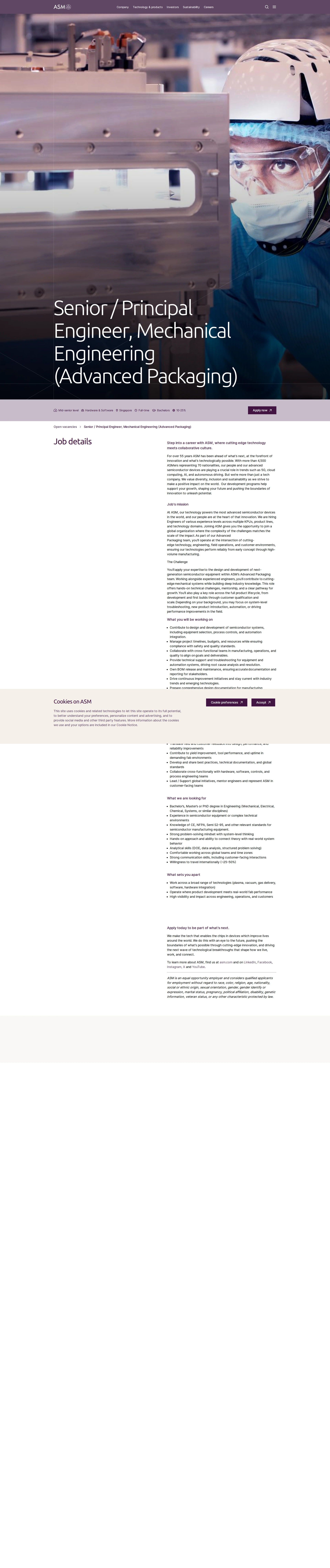 ASM Senior / Principal Engineer, Mechanical Engineering (Advanced Packaging) 채용공고